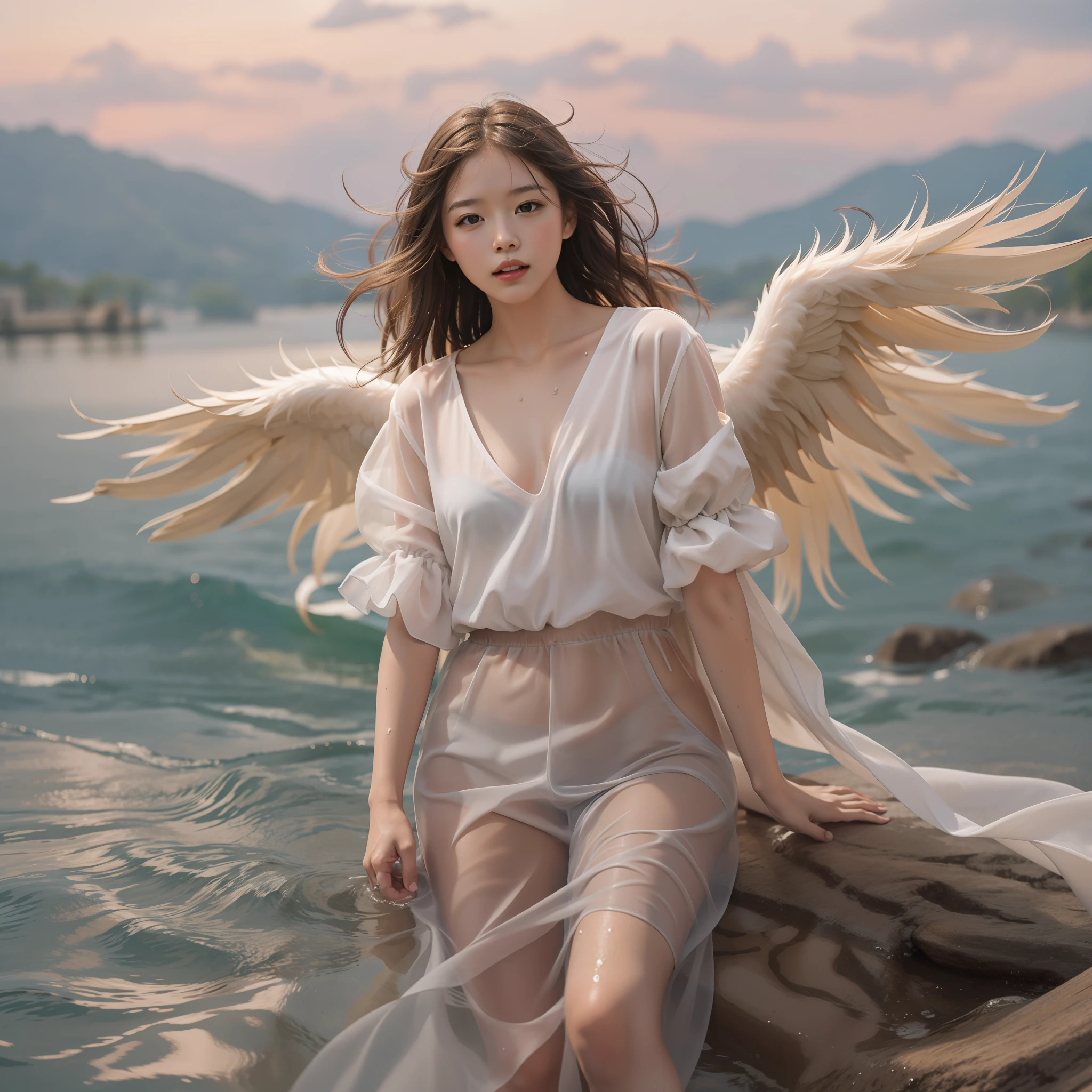 Winged angel,very cute female child,8 yo,Wet and see-through camisole,Playing by the river,Barefoot,Sweat, Summer,day,flat chest,BREAK masterpiece, Best Quality,Ultra-detailed,Wind,Depth,8k,Top image quality,