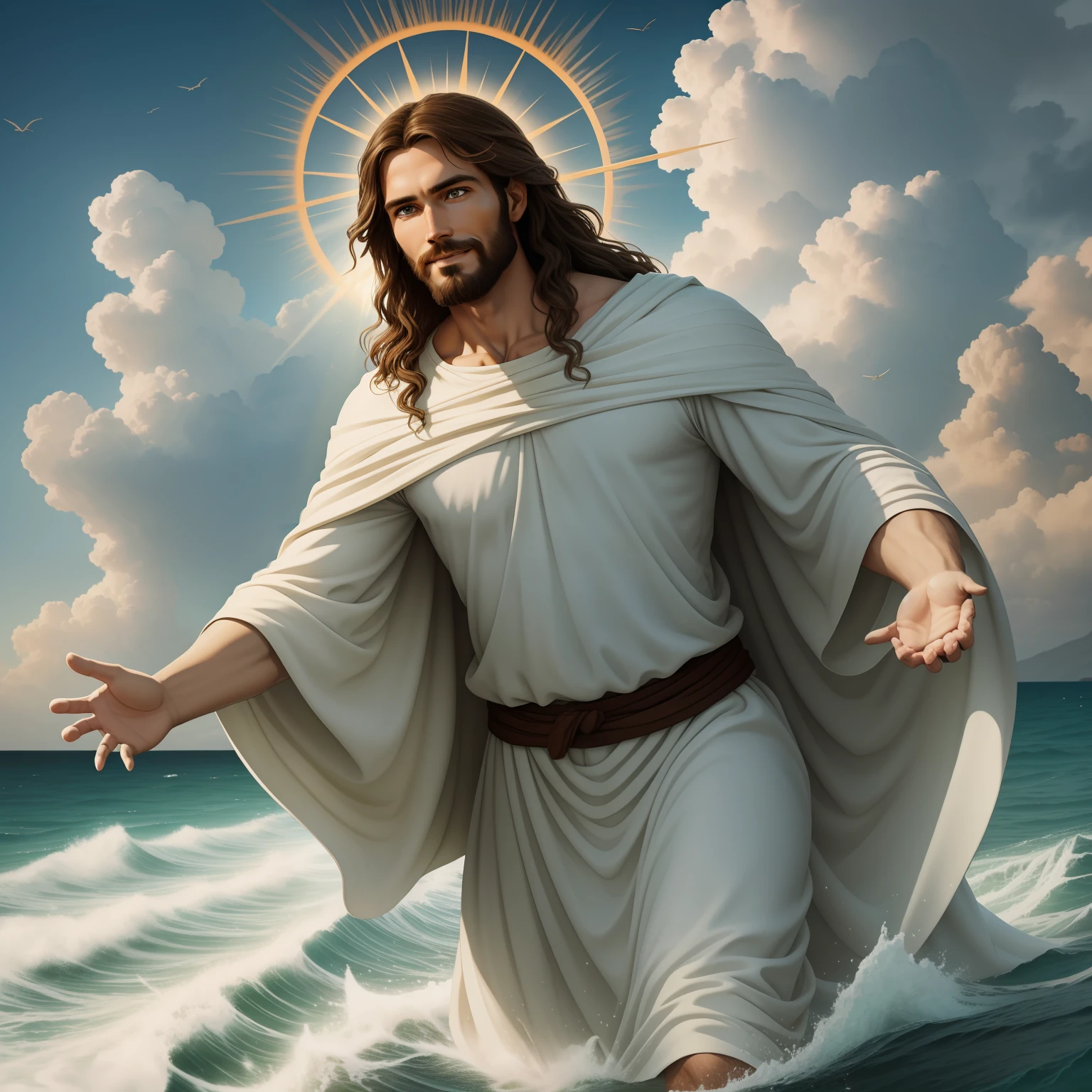 Jesus walking on water with a flying cloud in the background, Jesus walking on water, biblical illustration, epic biblical representation, forcing him to flee, coming out of the ocean, ! holding in hand!, disembarking, god of the ocean, beautiful representation, 8k 3D Model, realistic,
a 3D Realistic of jesus with a halo in the sky, jesus christ, smiling in heaven, portrait of jesus christ, jesus face, 33 young almighty god, portrait of a heavenly god, greg olsen, gigachad jesus, jesus of nazareth, jesus, the face of god, god looking at me, he is greeting you warmly, he is happy, avatar image