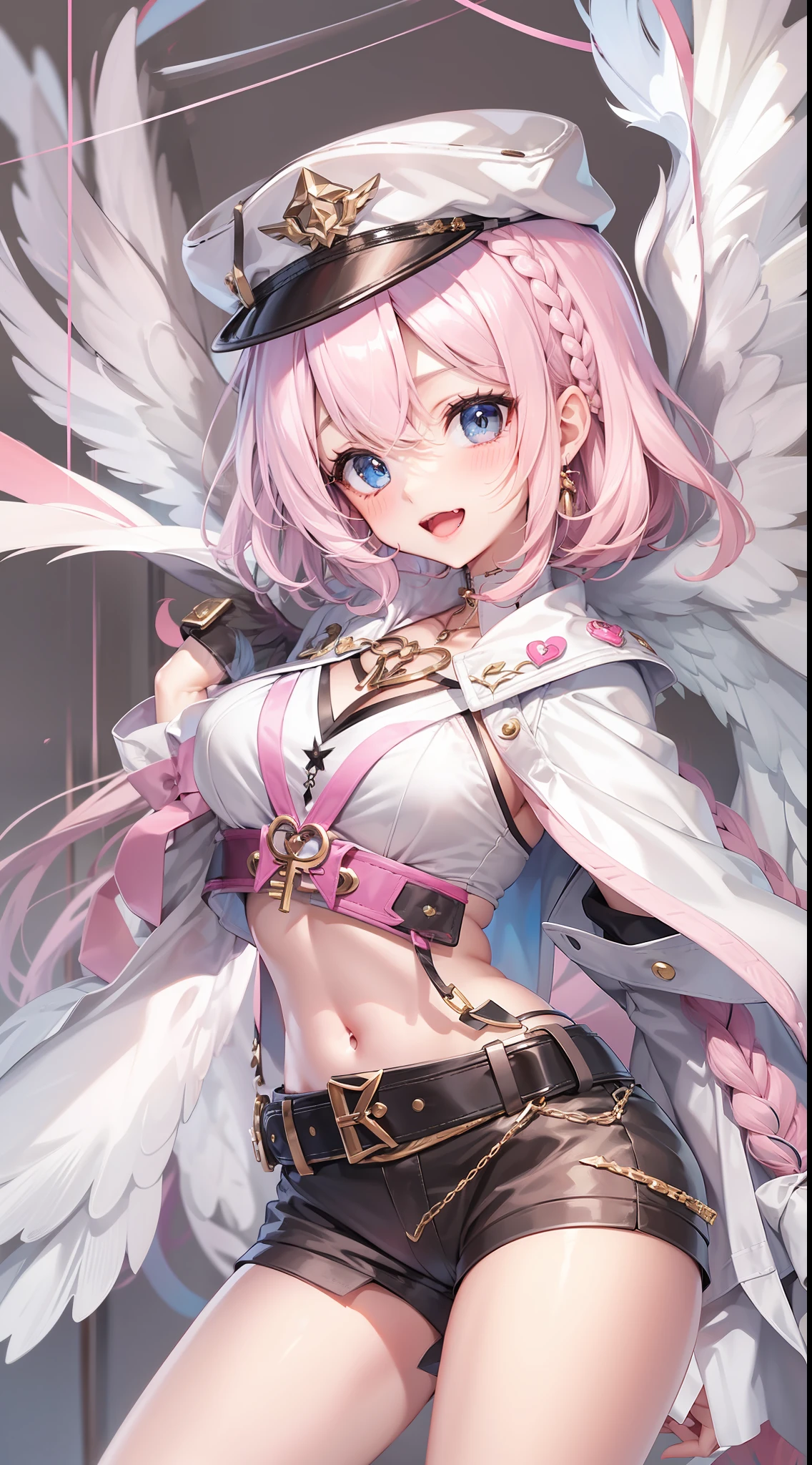 Ami Palace Nazuna,Solo,1girll,1girll, Shorts, Heterochromia, Wings, Fang, Halo, Hat, Angel wings, Virtual YouTuber, White headwear, navel, Black shorts, Short shorts, frilly shirt, cleavage cutout, Blue eyes, clothing cutout, view the viewer, Short hair, White hair, thigh band, shirt, skin fang, panty straps, Solo, Pink eyes, ribbon, White shirt, frilld, Open mouth, Jacket, Panties, Breasts, multicolored hair, Small breasts, Braid, Monowing, angel, Black panties, White jacket, underwear, Smile, Long sleeves, detached wings, Open clothes, Crop top, White background, Simple background, cropped shoulders, jewelry, Pink hair, :D, Blush, midriff, beret, Earrings, cleavage, Eyes visible through hair, Micro shorts, sleeves past wrists, Black ribbon, key, Highleg panties, Thighs, belt, Cowboy shot