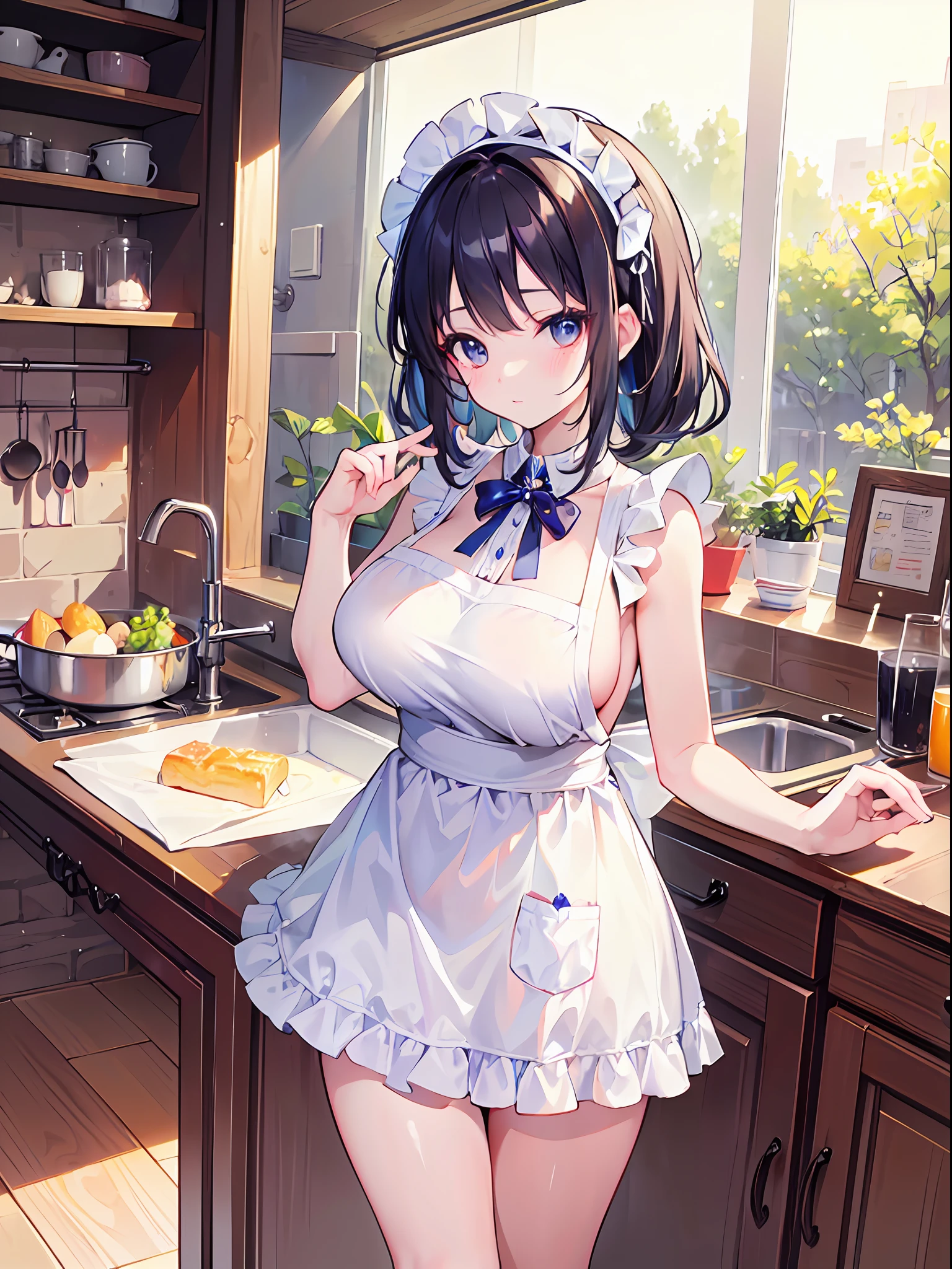 ((Best Quality, 8k, Masterpiece: 1.3)),cute ,loli ,child ,huge breasts ,naked apron,thighs