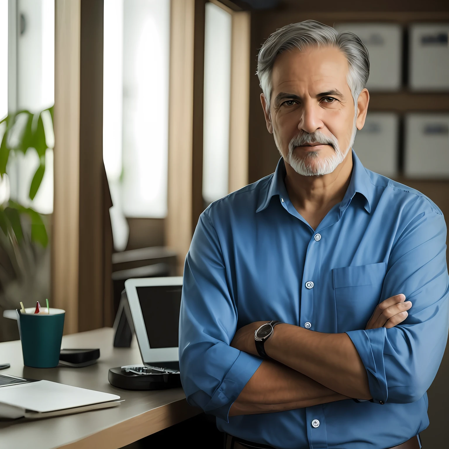 There's a man standing in front of a desk with a laptop, foto de retrato, Foto de Stock, arms crossed on chest, homem de meia-idade, foto de retrato detalhada, Homem na casa dos 40 anos, imagem retrato, foto de um homem, homem bonito, Retrato no meio da foto, advertising photo, foto de retrato em close-up, imagem de alta qualidade, Close portrait, captura de tela de alta qualidade