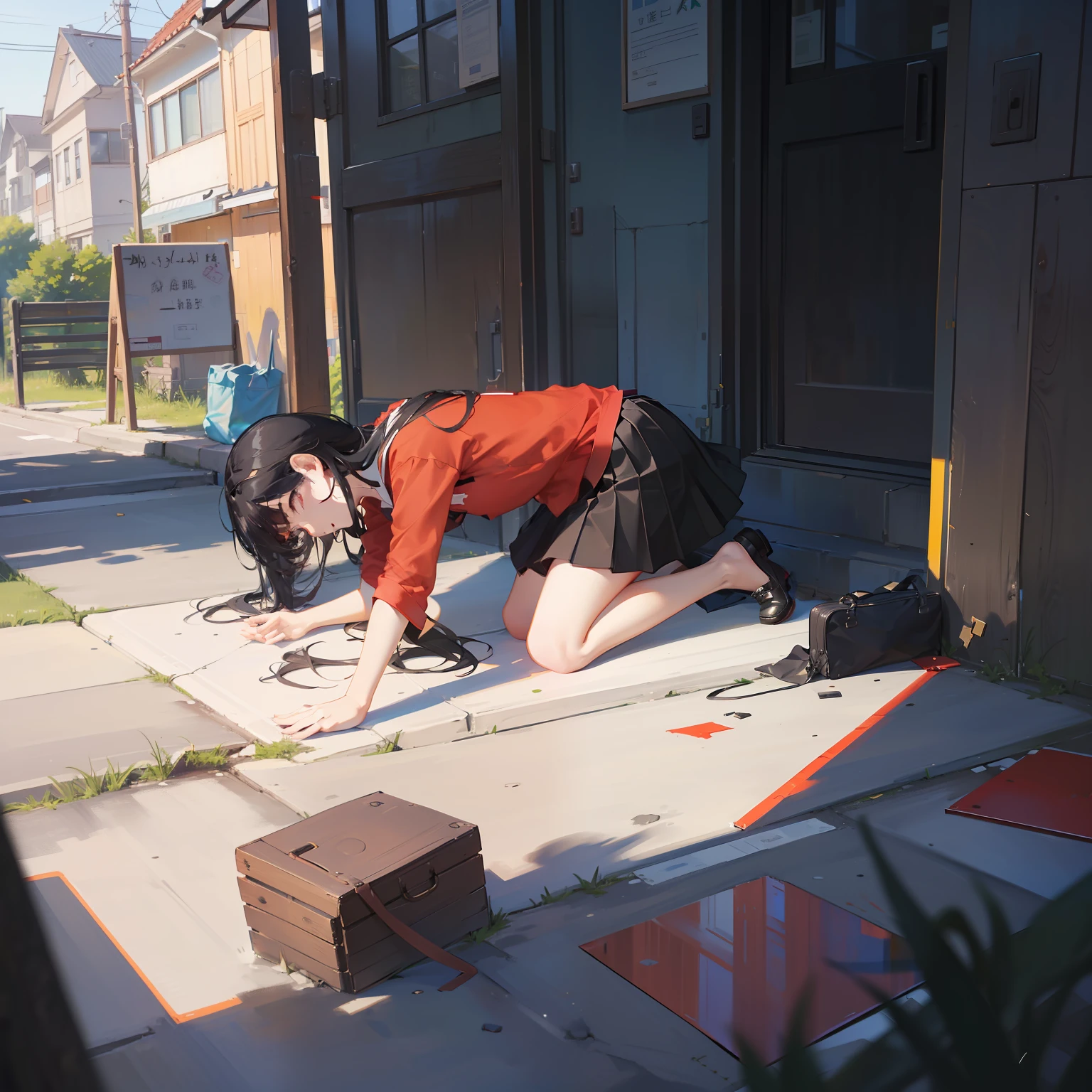 ​masterpiece、hightquality、vivd colour、(((Long Black Hair)))、(((Red Shirt)))、(((a black skirt)))、(((Residential area)))、(((I tripped and fell on the way to school)))、Fix your leg