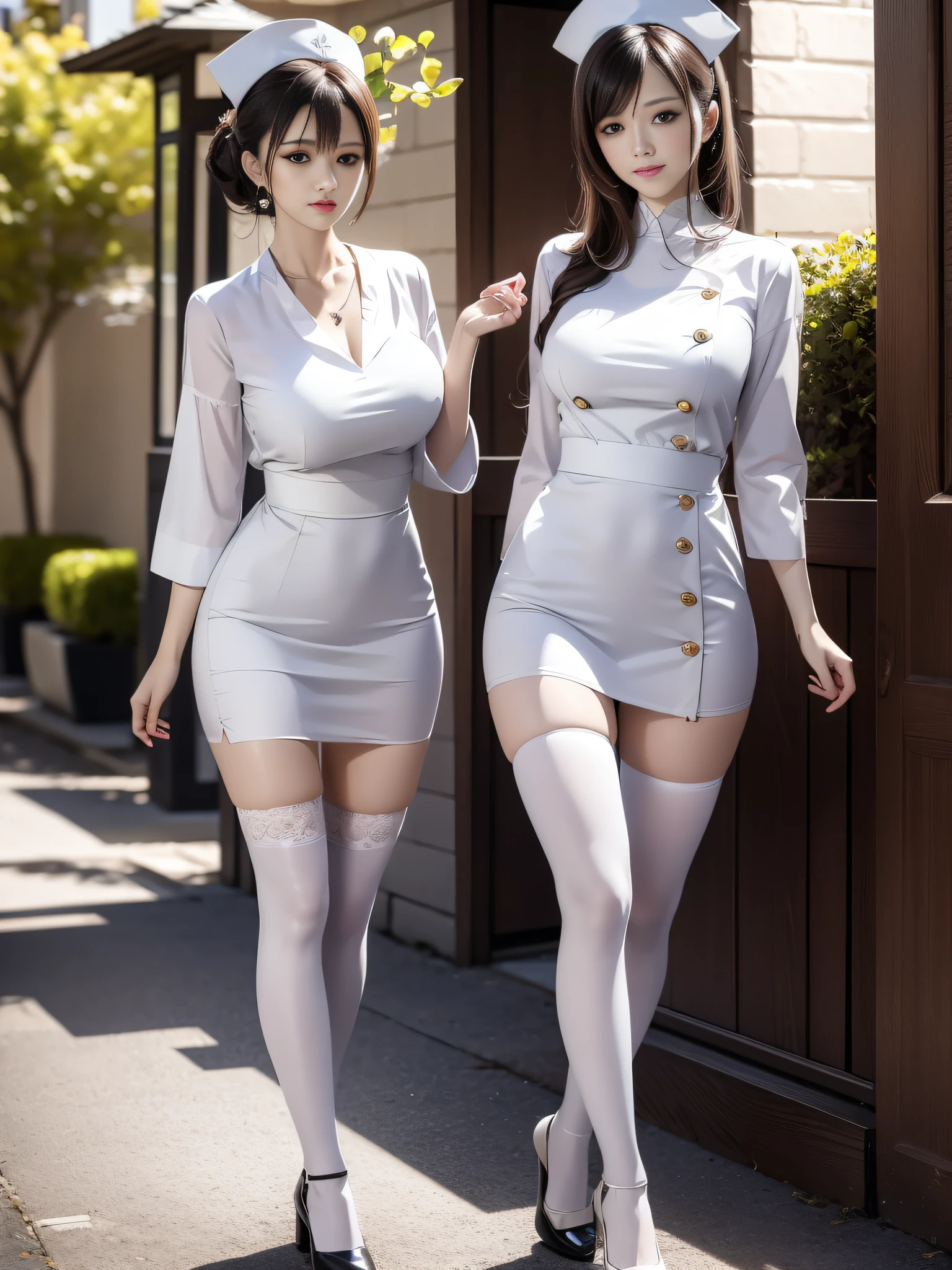 masterpiece, best quality, masterpiece,best quality,official art,extremely detailed CG unity 8k wallpaper, realistic, incredibly_absurdres, mature female, medium breasts, black thighhighs, nurse cap, walking, nurse,