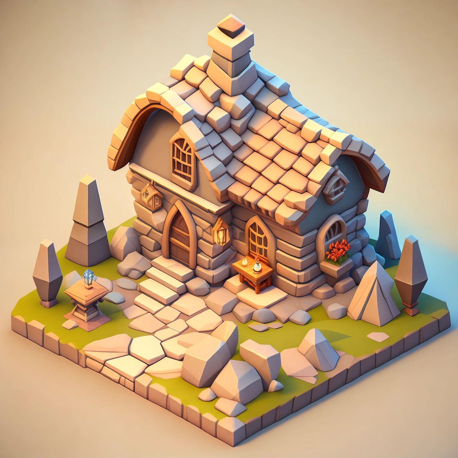 Isometric house, RPG style, Cartoony, DnD, fantasy, mobile game，Primitives，Animal bones，stone，wood