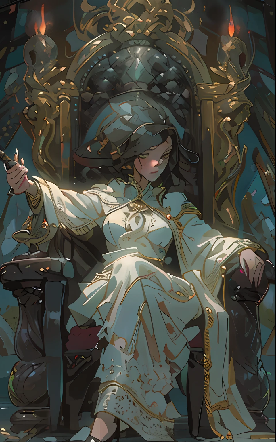 Basis: Portrait of a middle-aged woman, Detailing the appearance, Precise facial detailing, a sword, Gemstones hang in the air, Computer-generated image, realistic fentezi, detailing, Detailed clarity, In the foreground is a huge throne, A woman in a cloak sits on a throne, A sword sticks out of the floor, Solo Woman, Ao fundo, Man hugging woman, Use only shades of black, White & gris, To convey depth, Emotions and striking visual impact. Landscapes."street fighter", in the style of 0MIB