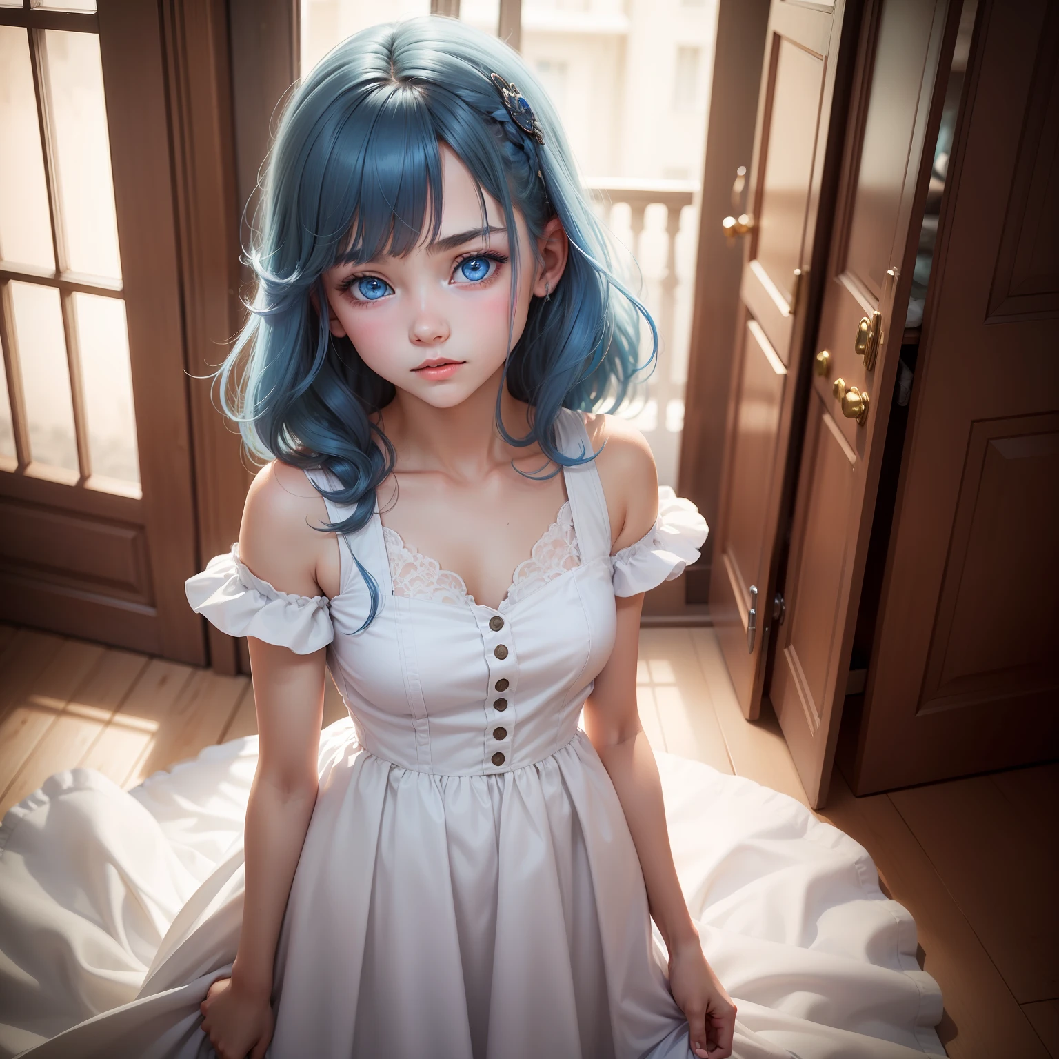 a young girl, blue hair, blue eyes, white dress