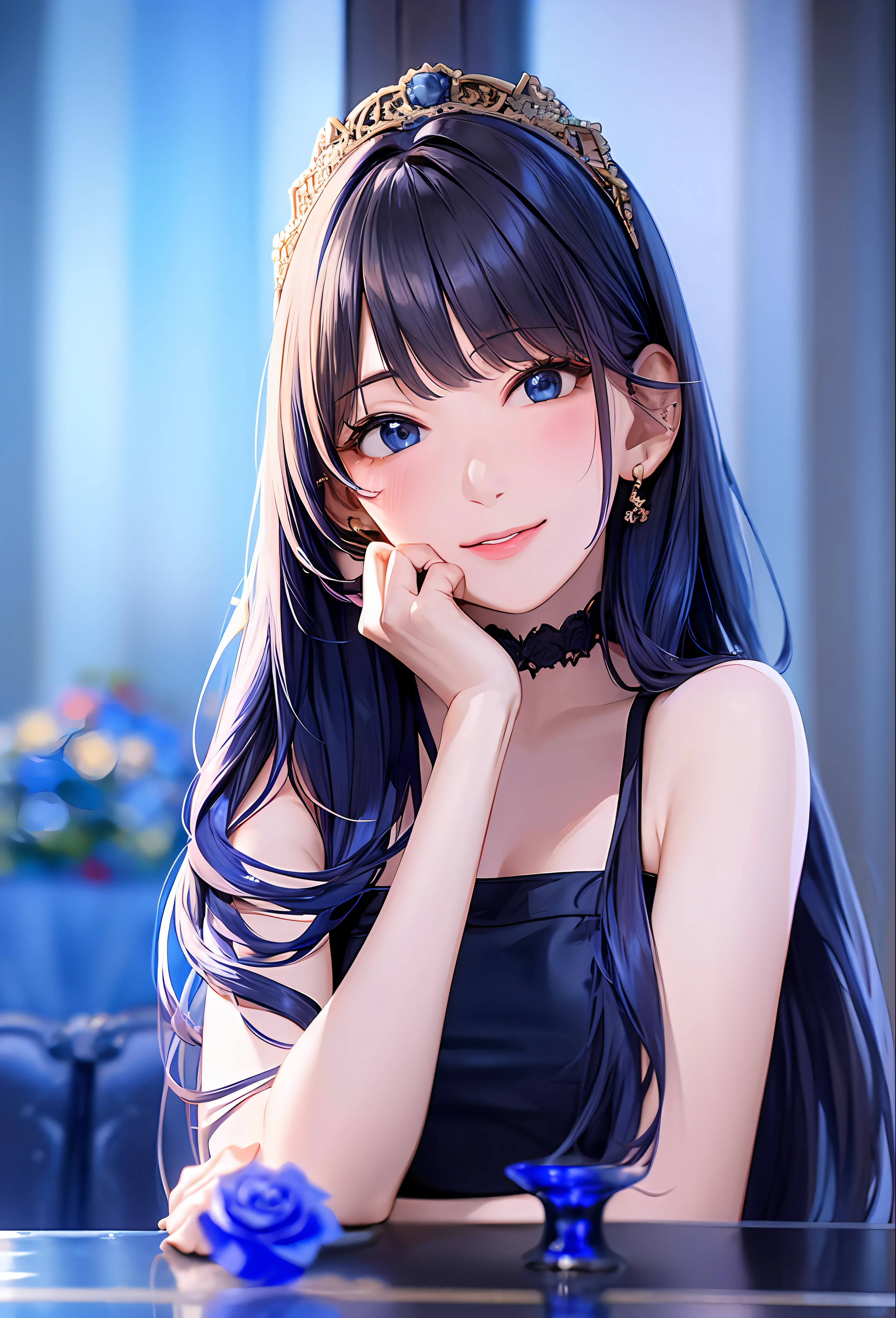 (8k, top quality, masterpiece: 1.2), (realistic, photorealistic: 1.37), super detailed, girl alone, cute, solo, midnight, beautiful detailed sky, detailed café, sitting, dating, (blush), (smile: 1.15), small breasts (mouth closed), beautiful fine eyes, floating hair NovaFrogStyle, back open dress, blue rose accessories, Blue rose background