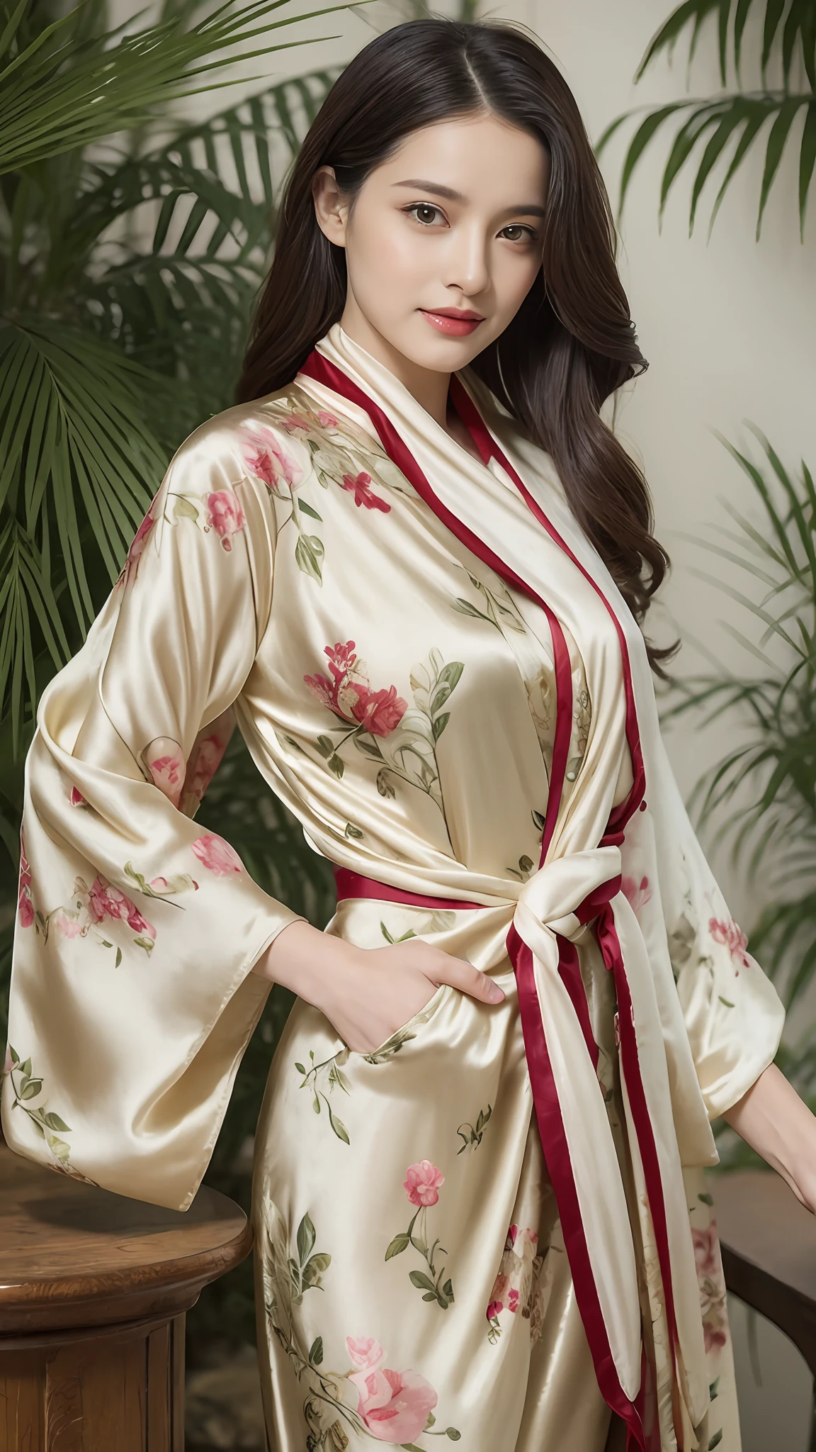 solo person，fully body photo，Silk print dressing gown，Fascinated by silk，pleasant sensation，There are beautiful prints on the dressing gown，Beautiful and intricate prints，Silk scarf，Stockings on the legs，very delicate beautiful，Very detailed skin，handsome detailed woman，very detailed eyes and faces， Stunning detailed eyes