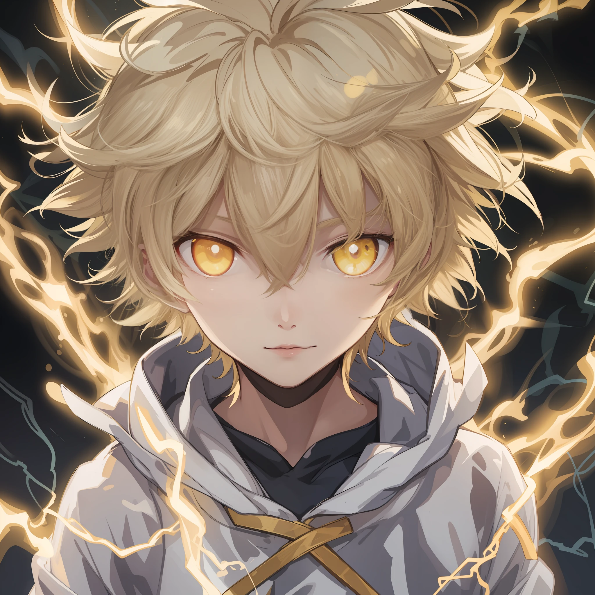 Anime Art、ultra-detailliert、An ultra-high picture quality、超A high resolution、1 beautiful boy、Blonde hair、yellow  eyes、Eyes that emit light、white  clothes、prinz、Manipulating lightning、Raiden runs