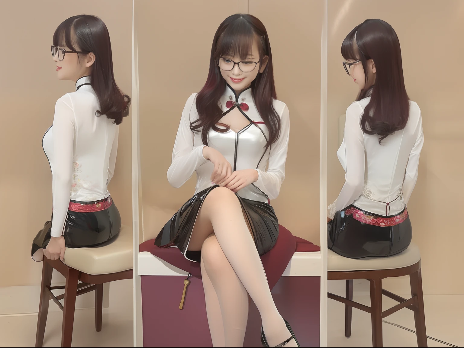 Nice and cute asian girl,long hair with maroon,wearing black rimmed glasses,Wearing an ultra-high fork black cheongsam,white stockings,Black shiny leather high heels,Sit on a chair with your legs up