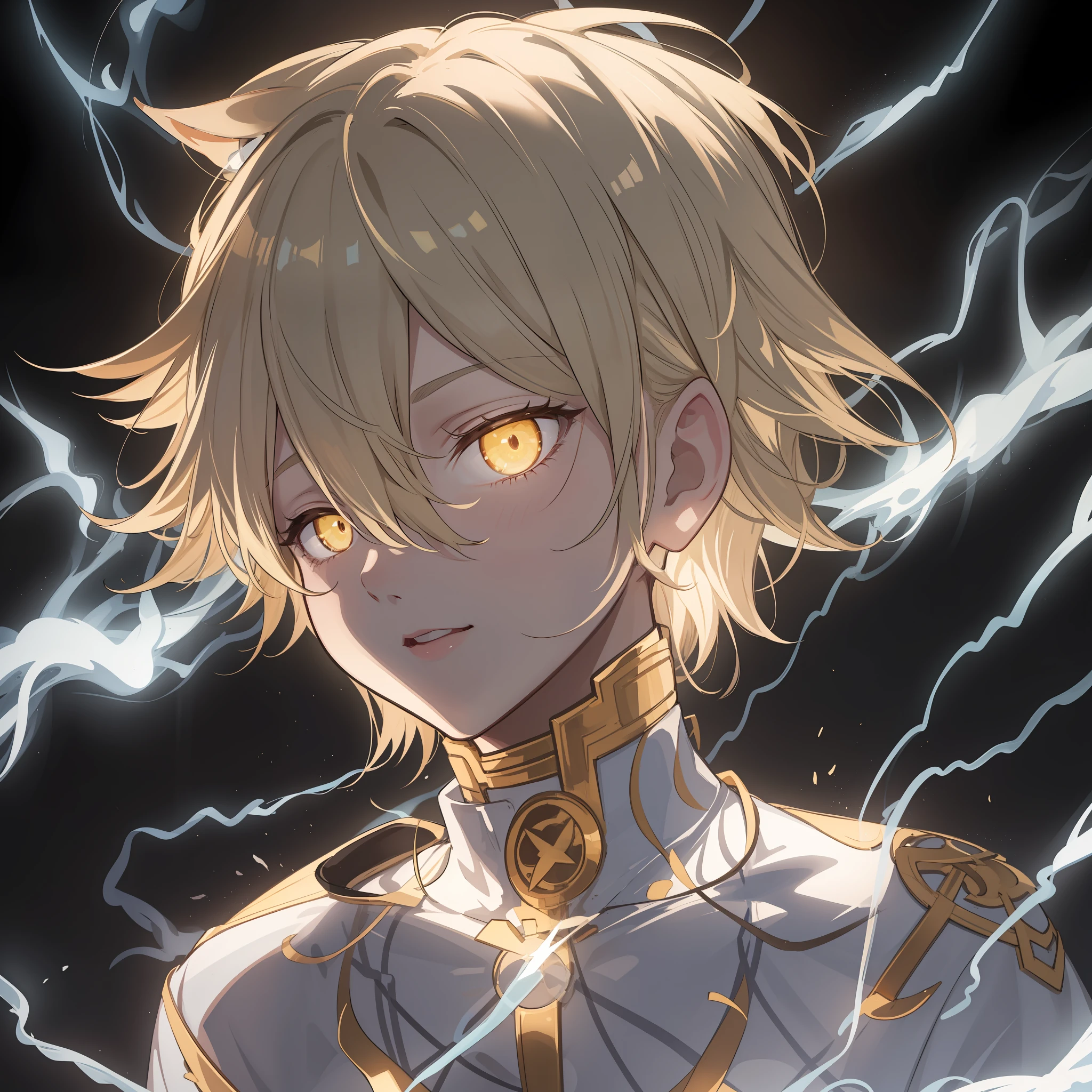 Anime Art、ultra-detailliert、An ultra-high picture quality、超A high resolution、1 beautiful boy、Blonde hair、yellow  eyes、Eyes that emit light、white  clothes、prinz、Manipulating lightning、Raiden runs