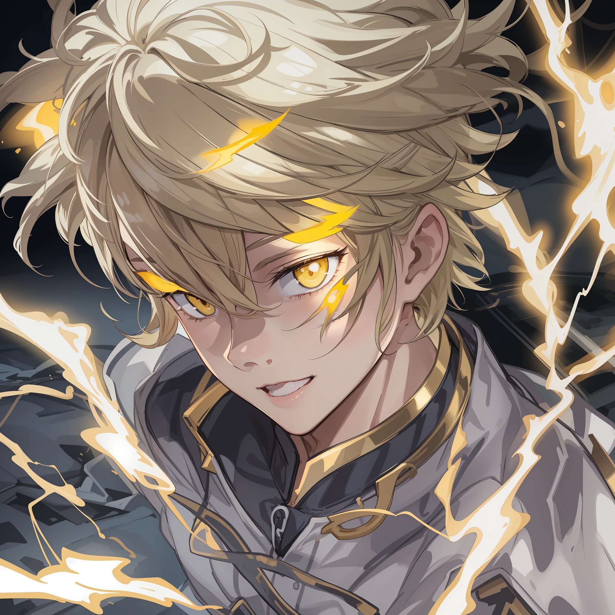 Anime Art、ultra-detailliert、An ultra-high picture quality、超A high resolution、1 beautiful boy、Blonde hair、yellow  eyes、Eyes that emit light、white  clothes、prinz、Manipulating lightning、Raiden runs