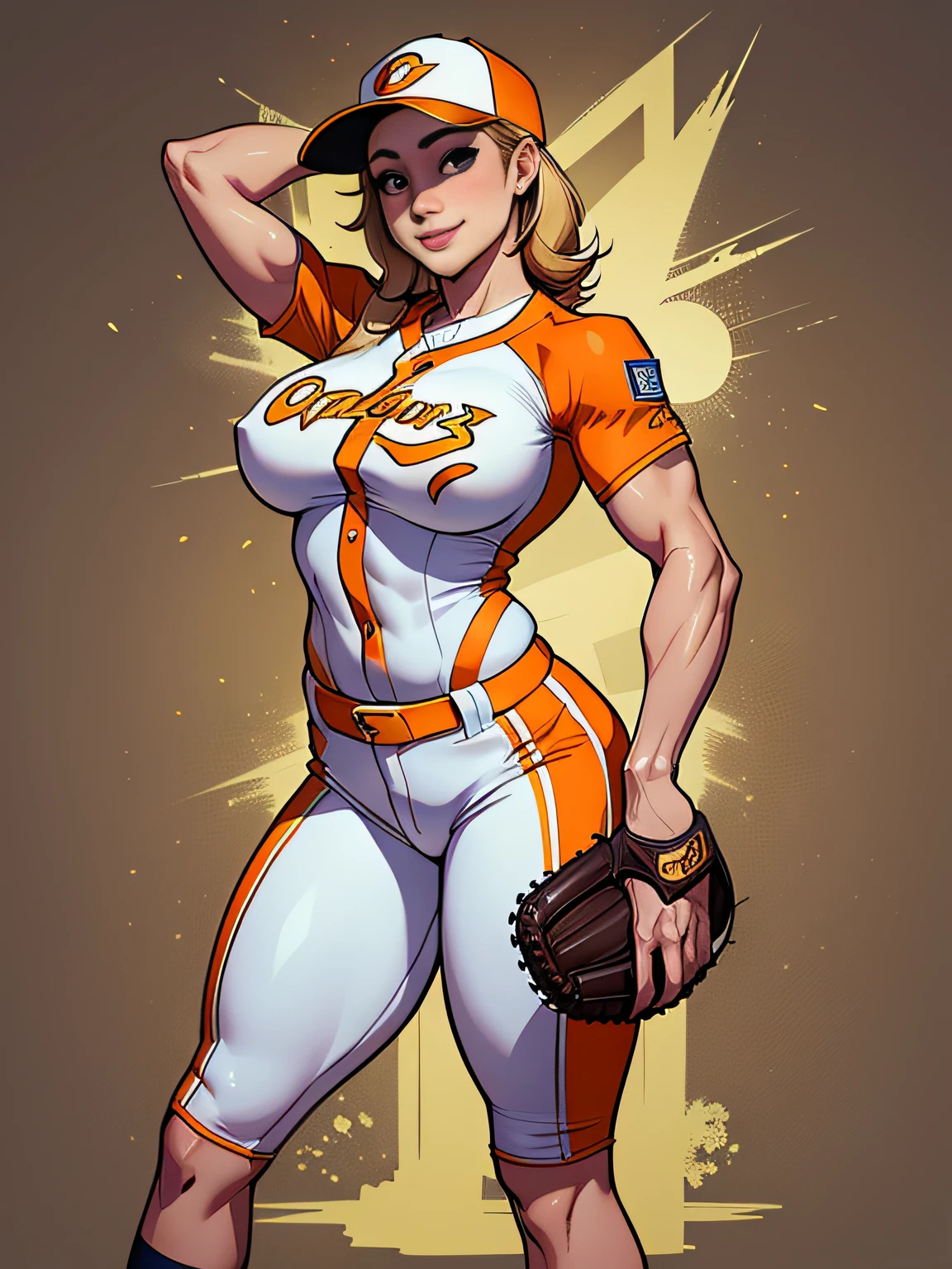 Glossy orange baseball uniform、1 Arafe female baseball player、Glossy shorts、spikes、Big breasts about to burst、slurry and long legs,,、Fitness Model、musculature、abdominals、Arm muscles、Height 175cm、Sun visor、skin tanned、glistning skin、Cool smile、full-body view、publicity cosplay、full-cosplay、taken with canon 5d mk4、cosplay foto