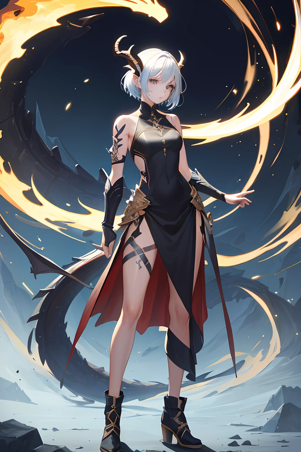 masterpiece, best quality, absurdres, perfect anatomy, standing, 1girl, solo, arm tattoo, bare shoulders, sleeveless, dress, dragon girl, dragon horns, jewelry, tail