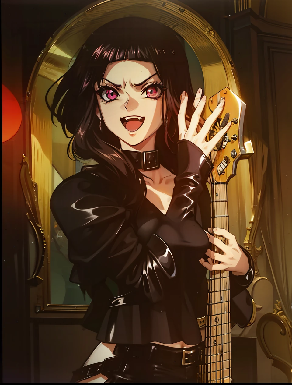 Girl,orelhas pontudas, olhos vermelhos, latex, vampira,4k, segurando uma guitarra