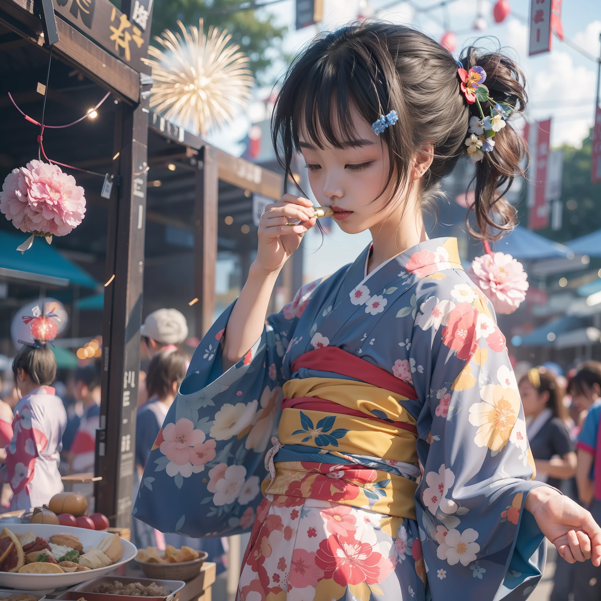 Komono,Girl in Yukata,Blowing in the wind,Summer Festivals,natta,food stand,Spirit Stream,Big Fireworks,poneyTail,Top image quality,in 8K