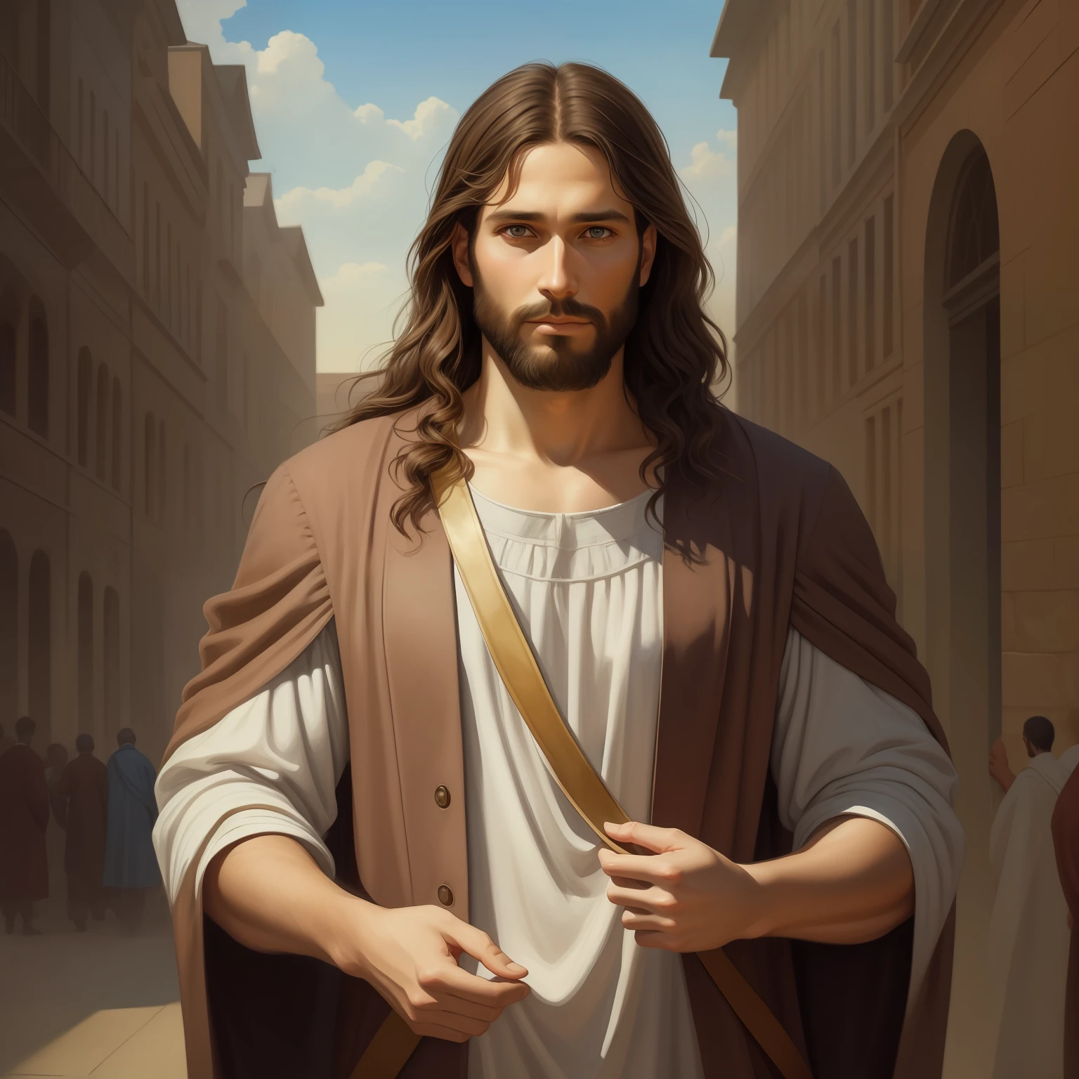 A beautiful ultra-thin realistic portrait of Jesus, the prophet, a man 35 years old Hebrew brunette, short brown hair, long brown beard, with, Helping People , wearing long linen tunic closed on the chest part, in front view, full body, biblical, realistic,by Diego Velázquez,Peter Paul Rubens,Rembrandt,Alex Ross,8k, Concept Art, PhotoRealistic, Realistic,  Illustration, Oil Painting, Surrealism, HyperRealistic, helping people , Digital art, style, watercolor