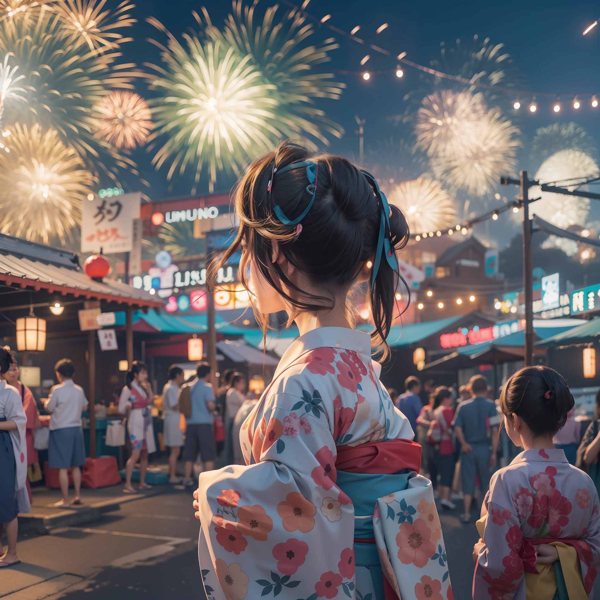Komono,Girl in Yukata,Blowing in the wind,Summer Festivals,natta,food stand,Spirit Stream,Big Fireworks,poneyTail,Top image quality,in 8K