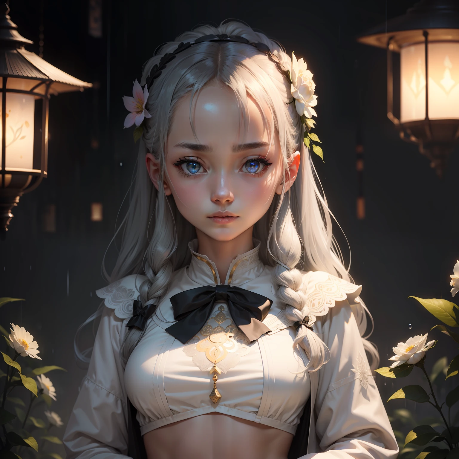 masutepiece,Best Quality, Illustration,{Female Sage},Beautiful detailed glow,(intergalactic:1.2),(Lamp 1.3),Rain,Detailed Lighting,detailed water,(Beautiful detailed eyes:1.1),deadpan,palatial palace,Azure hair,disheveled hair,Long bangs,hairs between eyes,(whitegrey dress:1.1),a black ribbon,white bow ties,Midriff,big forhead,blank stare,flower,Long sleeves、3 head body