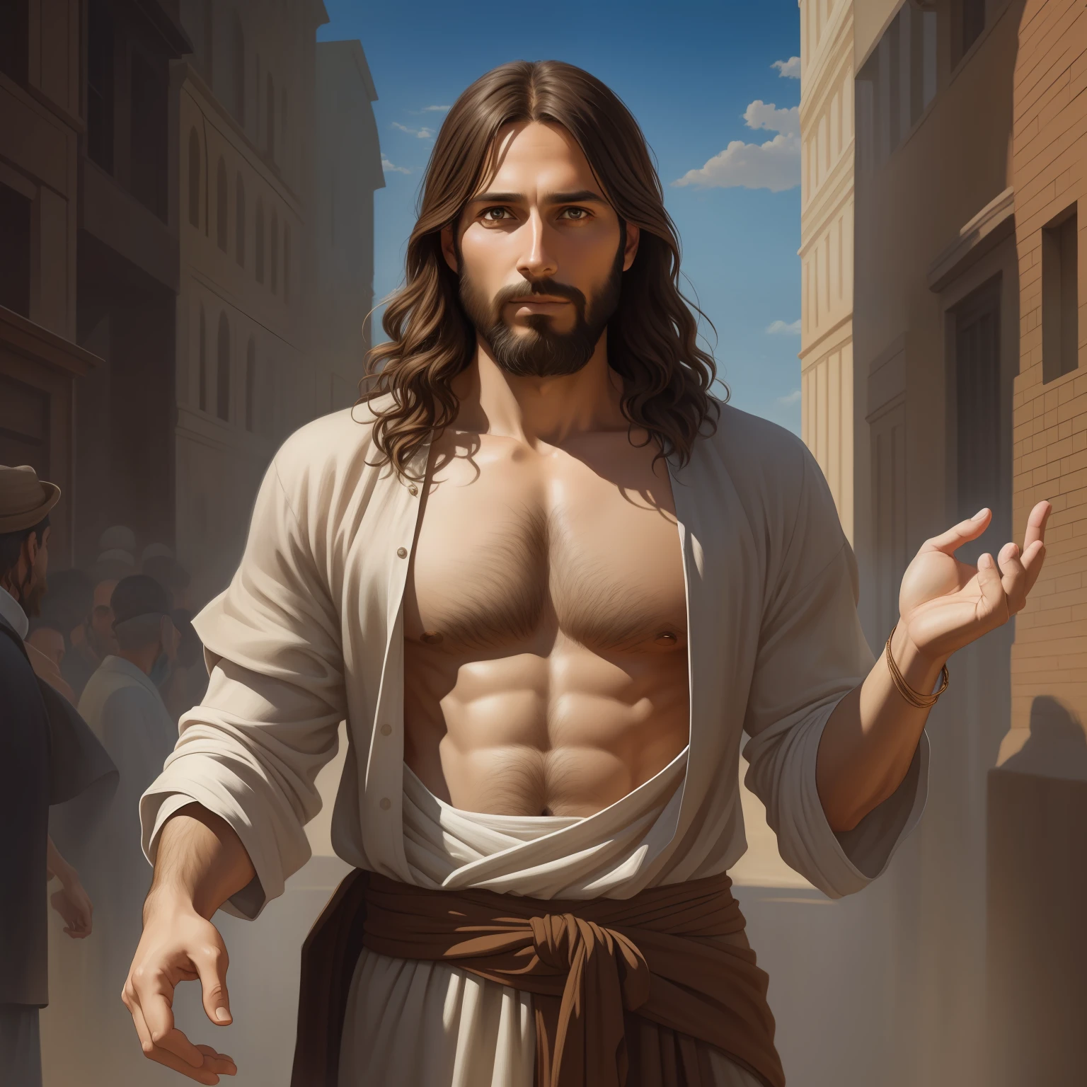 A beautiful ultra-thin realistic portrait of Jesus, the prophet, a man 35 years old Hebrew brunette, short brown hair, long brown beard, with, Helping People , wearing long linen tunic closed on the chest part, in front view, full body, biblical, realistic,by Diego Velázquez,Peter Paul Rubens,Rembrandt,Alex Ross,8k, Concept Art, PhotoRealistic, Realistic, Illustration, Oil Painting, Surrealism, HyperRealistic, helping people , Digital art, style, watercolor
