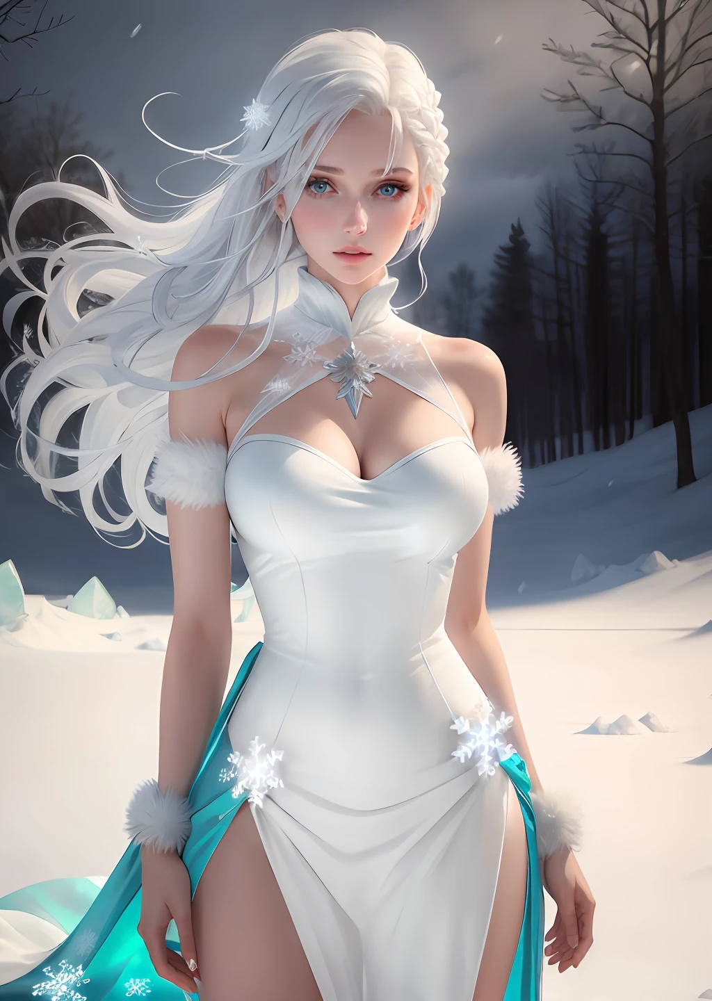 A girl, Slender figure, intricate dress, Lush breasts, Mistress of the Ice, the wind, frost, white colored hair, Cyan eyes, snowflakes, cold gaze, gems, hiquality, Detailed study, Soft rendering, realistness.