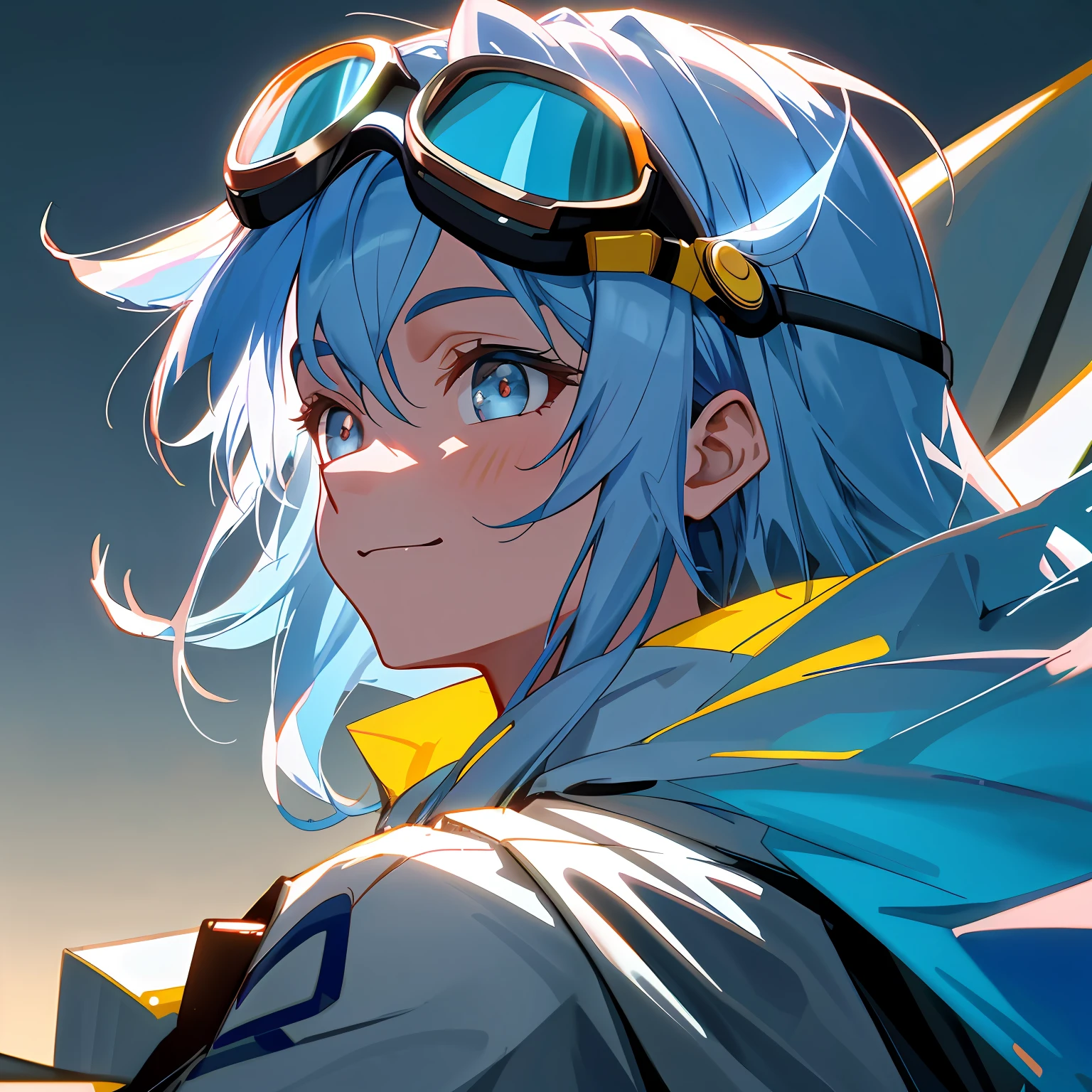 Ace，4K，A high resolution，tmasterpiece，best qualtiy，Head：1.3，evening light，softlighting，dynamic angle，[：（Detailed side face:1.2):0.2], Blue hair，goggles on head，Beautiful silver eyes，ssmile，having fun，Look into the distance