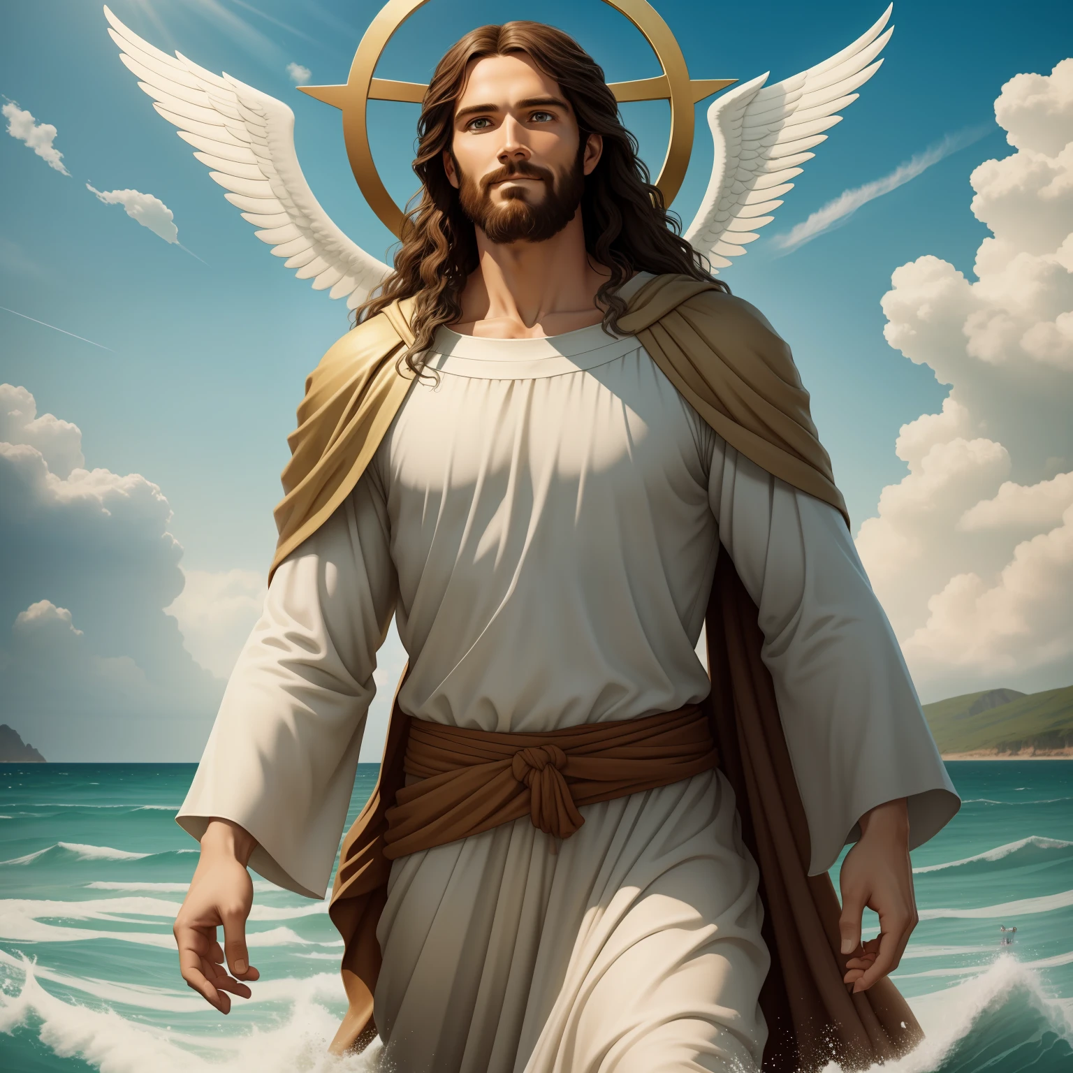 Jesus walking on water with a flying cloud in the background, Jesus walking on water, biblical illustration, epic biblical representation, forcing him to flee, coming out of the ocean, ! holding in hand!, disembarking, god of the ocean, beautiful representation, 8k 3D Model, realistic,
a 3D Realistic of jesus with a halo in the sky, jesus christ, smiling in heaven, portrait of jesus christ, jesus face, 33 young almighty god, portrait of a heavenly god, greg olsen, gigachad jesus, jesus of nazareth, jesus, the face of god, god looking at me, he is greeting you warmly, he is happy, avatar image