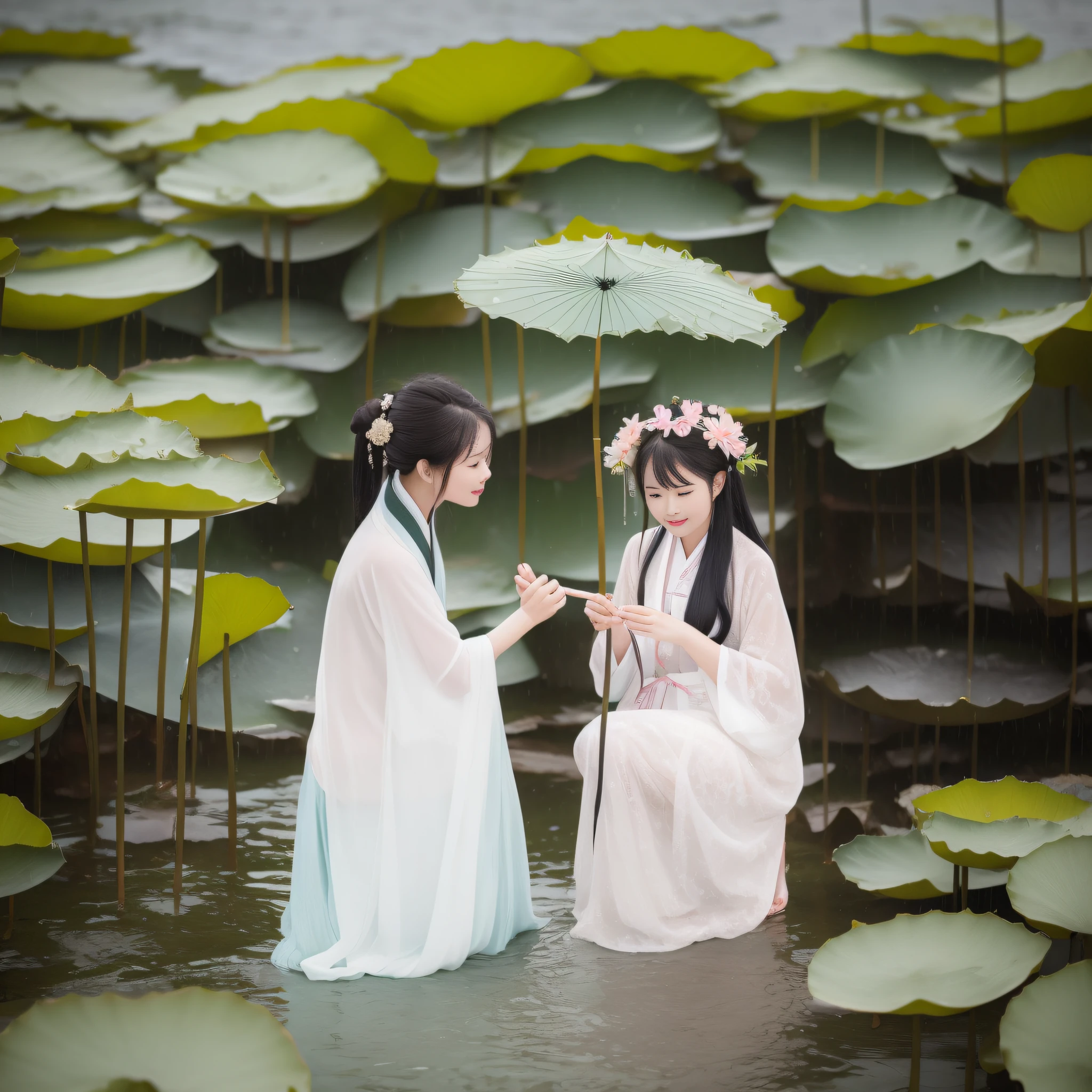 On a rainy day，Hanfu woman standing on the shore picking lotus flowers，Next to her, Another woman held an umbrella for her。