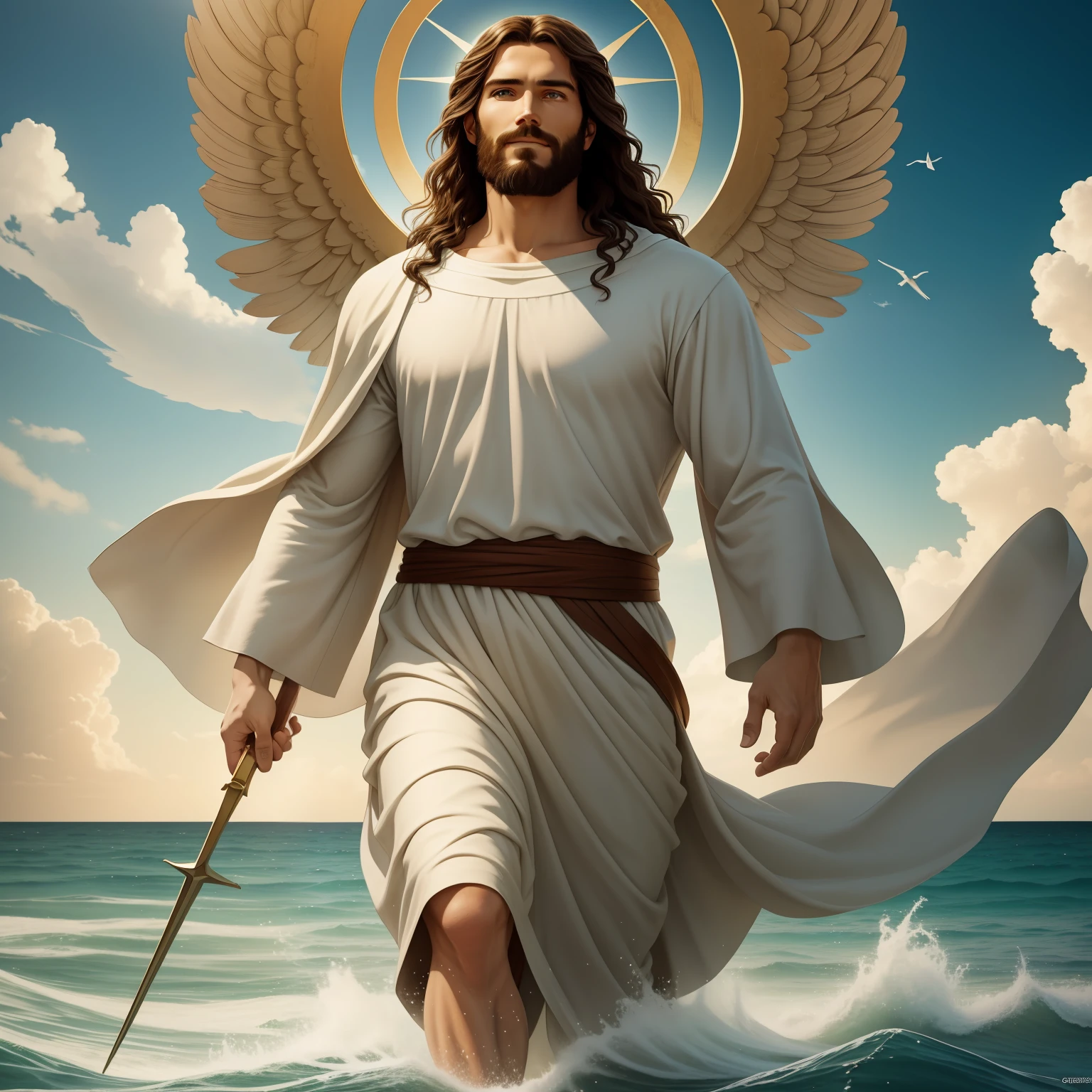 Jesus walking on water with a flying cloud in the background, Jesus walking on water, biblical illustration, epic biblical representation, forcing him to flee, coming out of the ocean, ! holding in hand!, disembarking, god of the ocean, beautiful representation, 8k 3D Model, realistic,
a 3D Realistic of jesus with a halo in the sky, jesus christ, smiling in heaven, portrait of jesus christ, jesus face, 33 young almighty god, portrait of a heavenly god, greg olsen, gigachad jesus, jesus of nazareth, jesus, the face of god, god looking at me, he is greeting you warmly, he is happy, avatar image