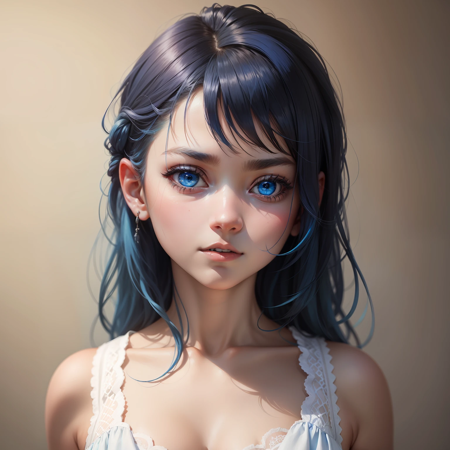 a young girl, blue hair, blue eyes, white dress