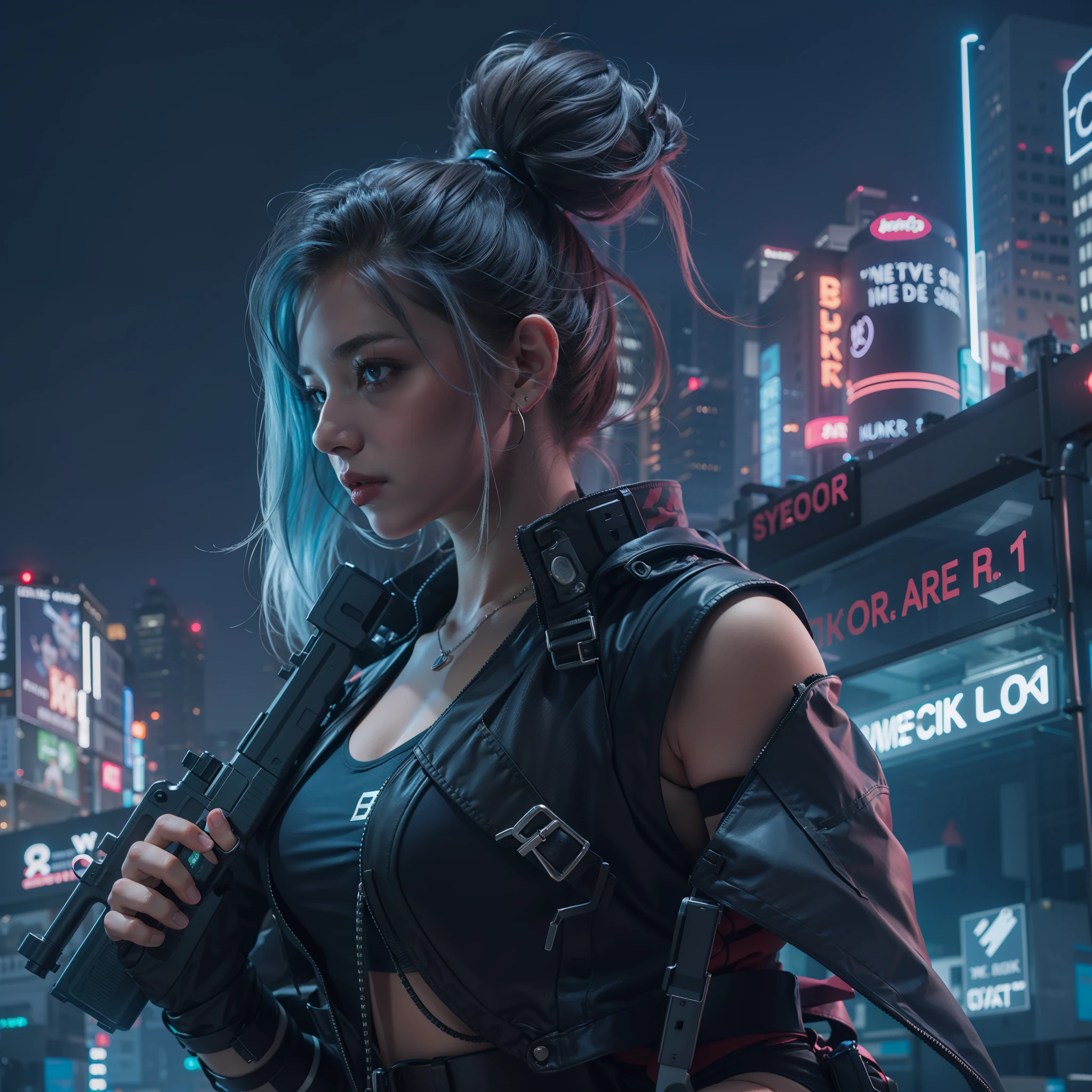 cyberpunked,Cyber City,Hi-Tech,High-tech townscape,Blowing in the wind,Girl with a gun,poneyTail,Top image quality,in 8K,
