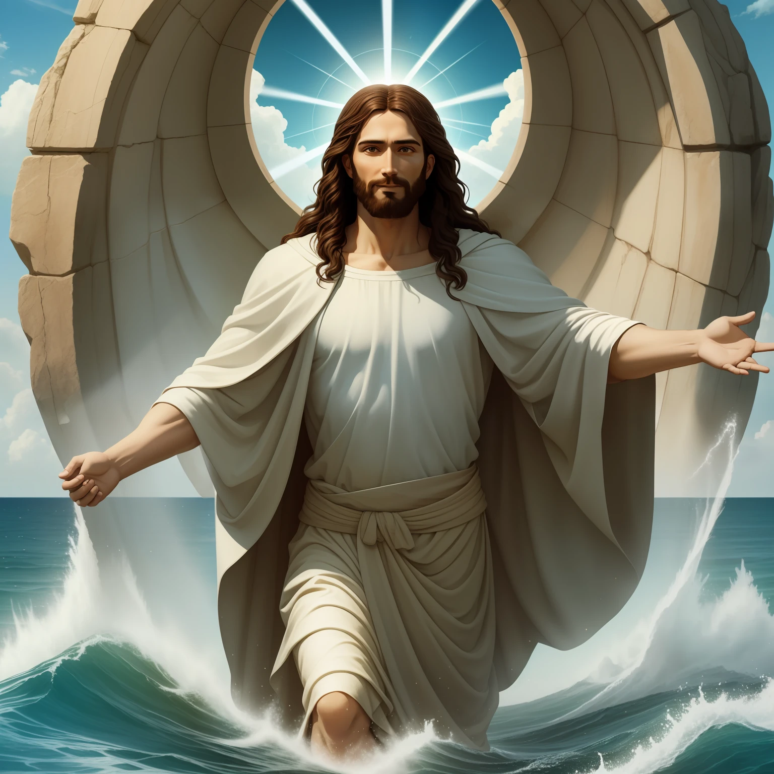 Jesus walking on water with a flying cloud in the background, Jesus walking on water, biblical illustration, epic biblical representation, forcing him to flee, coming out of the ocean, ! holding in hand!, disembarking, god of the ocean, beautiful representation, 8k 3D Model, realistic,
a 3D Realistic of jesus with a halo in the sky, jesus christ, smiling in heaven, portrait of jesus christ, jesus face, 33 young almighty god, portrait of a heavenly god, greg olsen, gigachad jesus, jesus of nazareth, jesus, the face of god, god looking at me, he is greeting you warmly, he is happy, avatar image