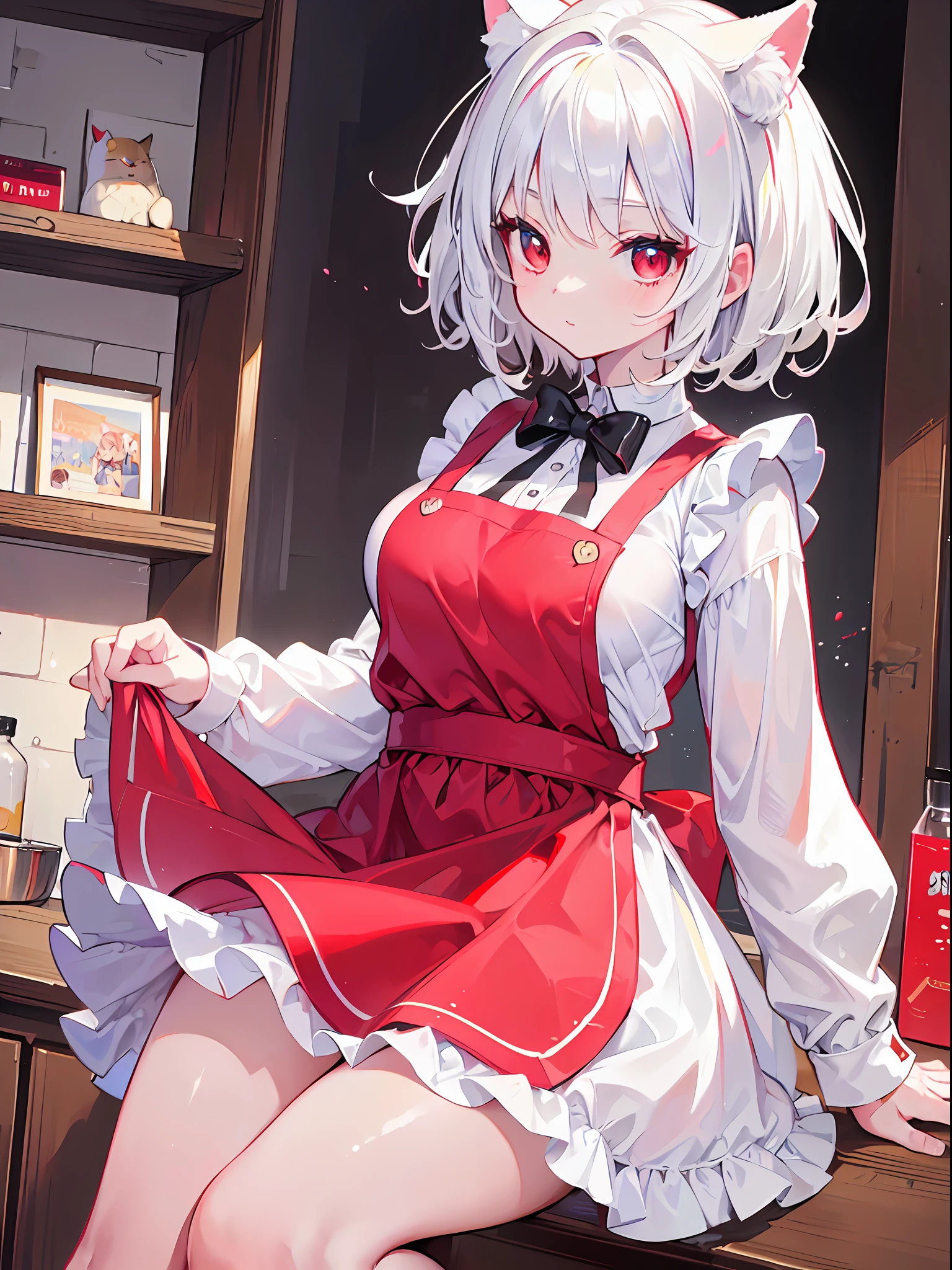 ((Best Quality, 8k, Masterpiece: 1.3)),cute ,loli ,child ,huge breasts ,white hair ,red eyes ,naked apron ,happy ,short hair ,messy hair ,cat girl