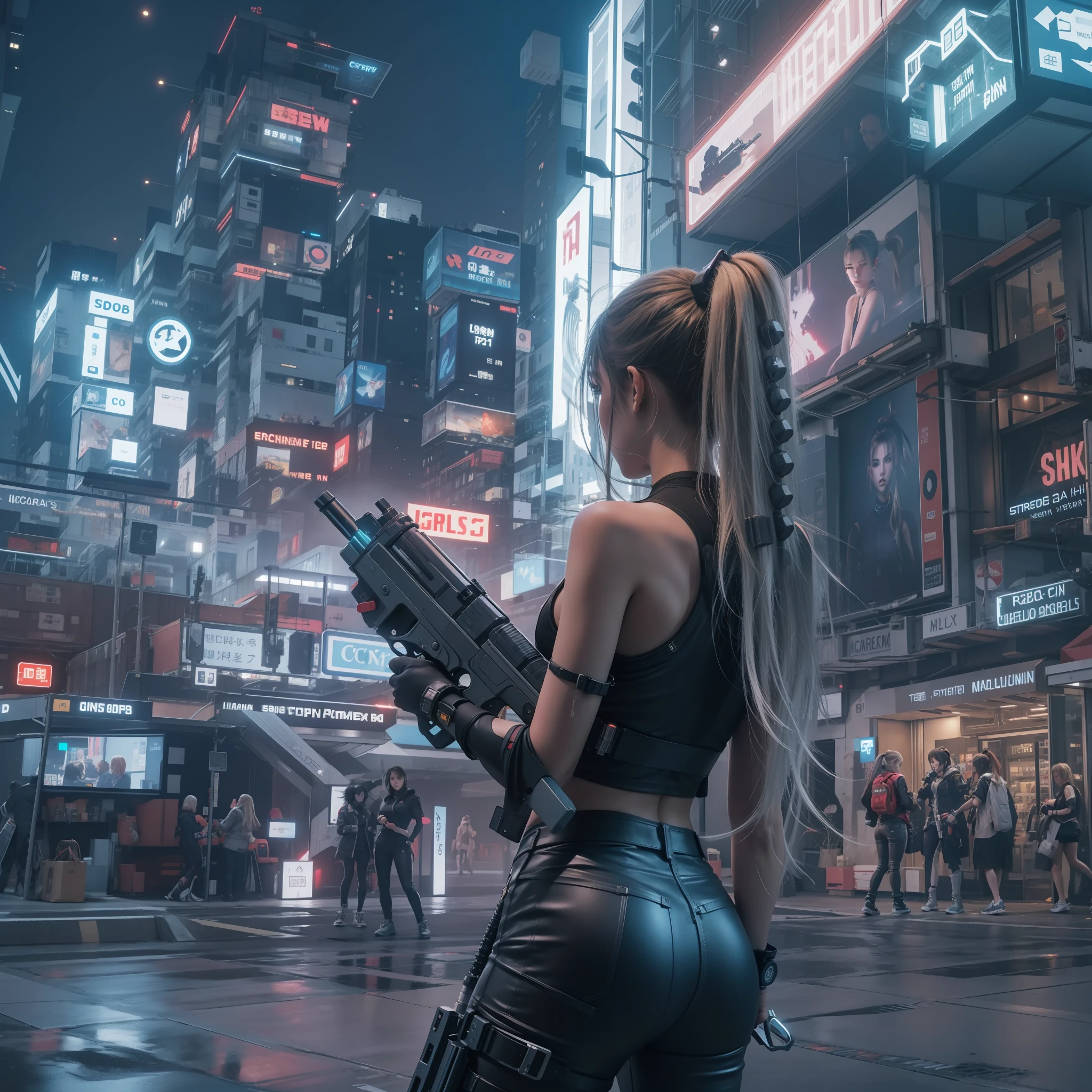 cyberpunked,Cyber City,Hi-Tech,High-tech townscape,Blowing in the wind,Girl with a gun,poneyTail,Top image quality,in 8K,