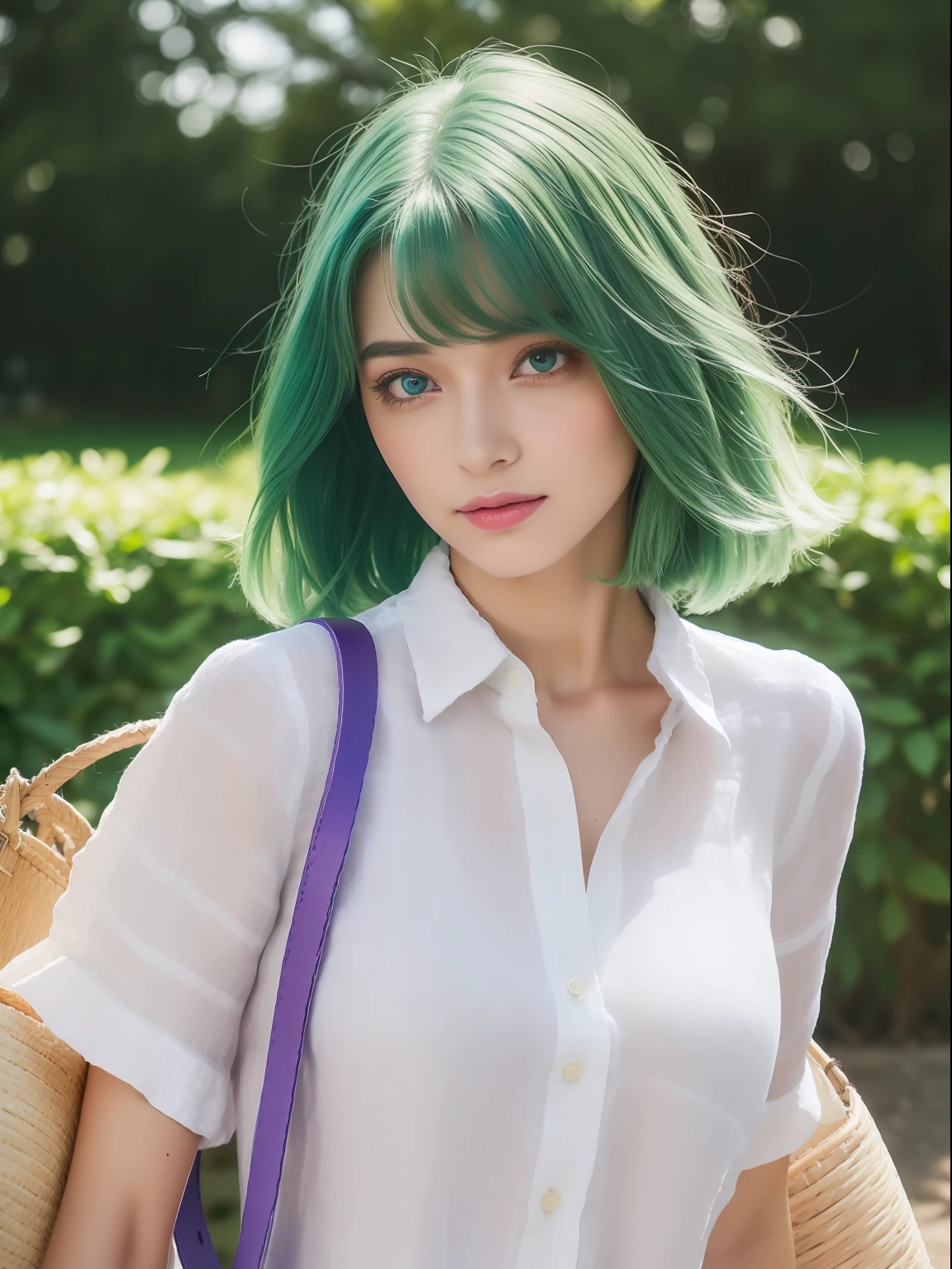 (masterpiece:1.4, best quality), (intricate details), unity 8k wallpaper, ultra detailed, (photorealistic:1.2), beautiful and aesthetic, perfect lighting, (1girl), ((multicolored hair, two-tone hair, very light green hair, blue hair, purple eyes:1.3, medium breasts)), dynamic pose, dynamic angle, lipstick, slim, slim body, (Linen_shirt_dress:1.4),(Straw_crossbody_bag:1.3),(Slip-on_espadrilles:1.2),(Picnic_garden_background:1.4), detailed background, realistic, perfect detailed face, detailed eyes, highly detailed, blush, hair ornament,