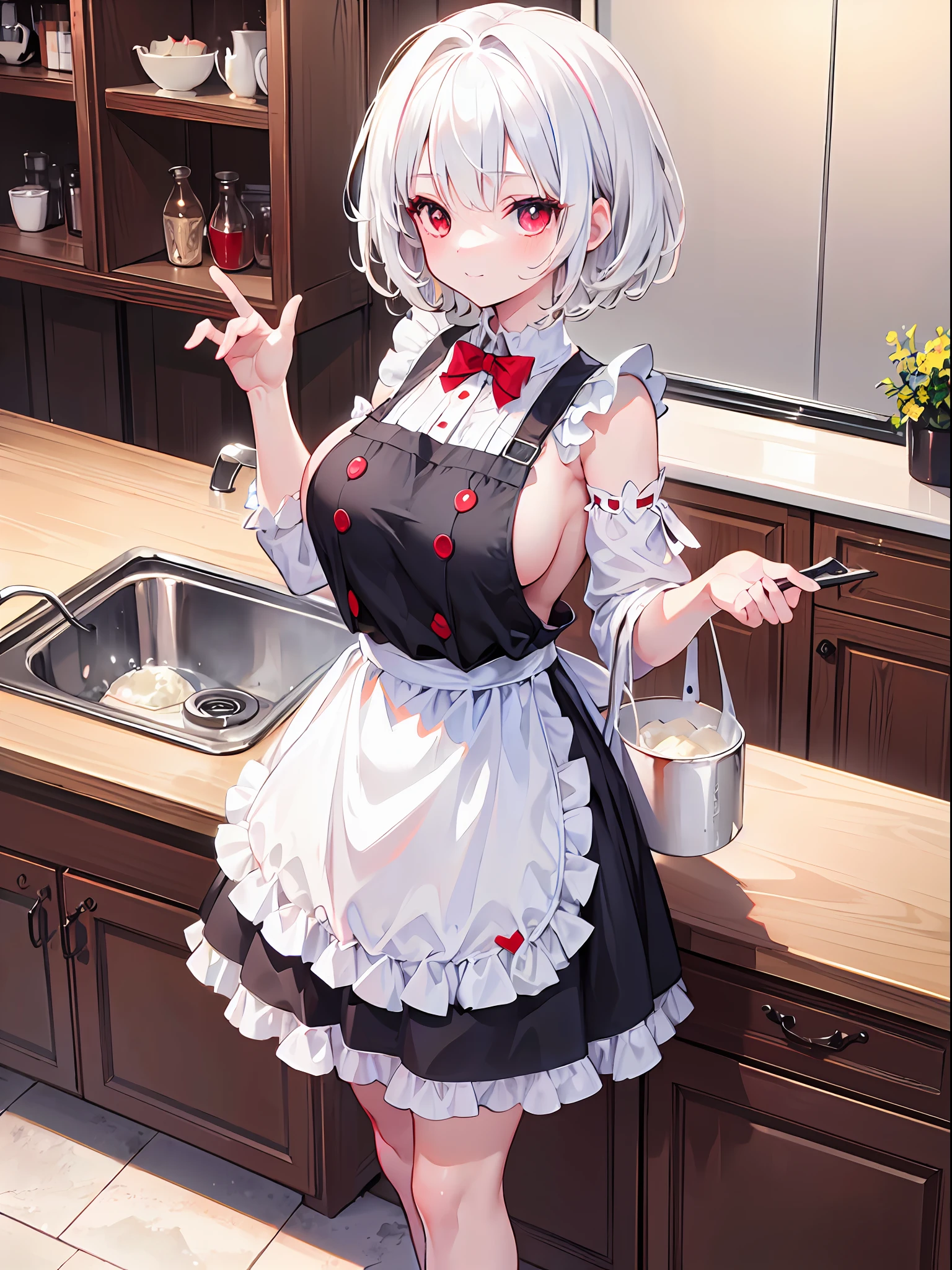 ((Best Quality, 8k, Masterpiece: 1.3)),cute ,li ,chhuge breasts ,white hair ,red eyes ,naked apron ,happy ,short hair ,messy hair ,cat girl