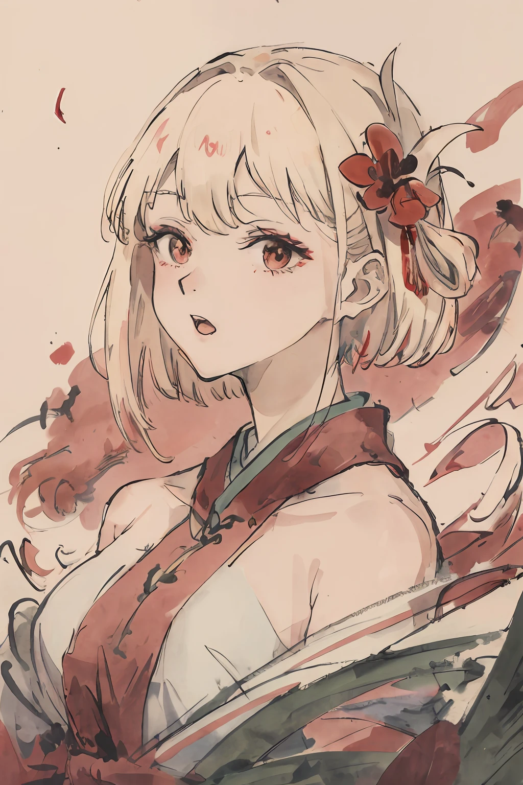((hight resolution))、(open open mouth)、(bust)、(top-quality))、((Ultra-fine CG)、((8k_wallpaper))、dynamic ungle、floating、(beautidful eyes)、Very delicate and beautiful girl、The upper part of the body、ink and watercolor painting、(Chinese style)、Black Eyes、burning、detail light。from_low、(platinum-blonde)、(reddish)spider Lilly:1.33)、Aqua Eye、(Hair Flower):1.3)、Bloom、single、starrysky、hair adornments、耳?????? Ring、jewely、Insanely hair、Bare shoulders、half eyes、Bloom、(Men)、Leprechaun、(Hanfu:1.3)、(mideum breasts):1.2)、(eyeshadows、Red Eyeliner:1.15)、(eyeshadows、Red Eyeliner:1.15)、(eyeshadows、Red Eyeliner:1.15)、(eyes visible through hair:1.2)、(独奏)、red moon