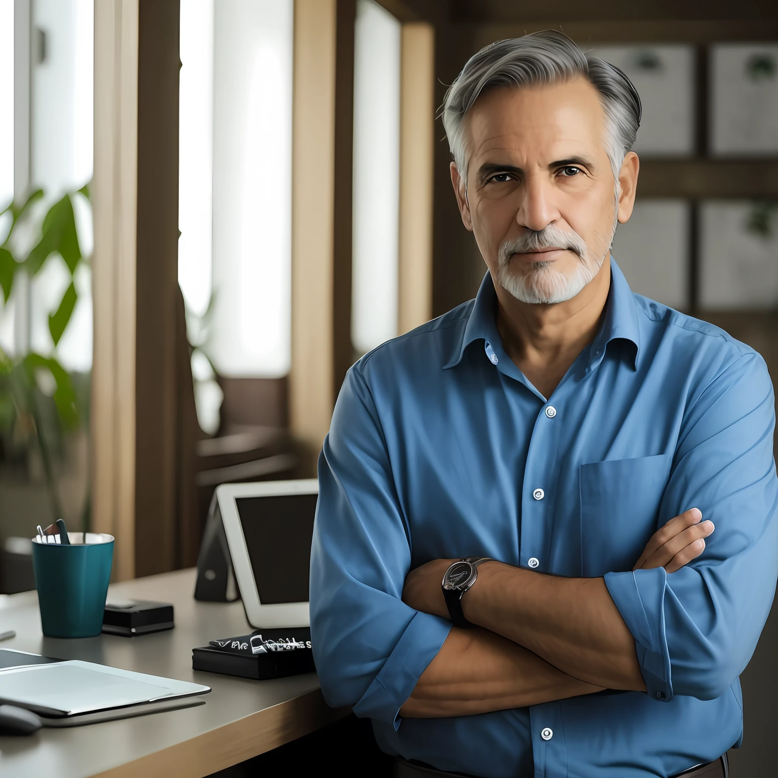 There's a man standing in front of a desk with a laptop, foto de retrato, Foto de Stock, arms crossed on chest, homem de meia-idade, foto de retrato detalhada, Homem na casa dos 40 anos, imagem retrato, foto de um homem, homem bonito, Retrato no meio da foto, advertising photo, foto de retrato em close-up, imagem de alta qualidade, Close portrait, captura de tela de alta qualidade