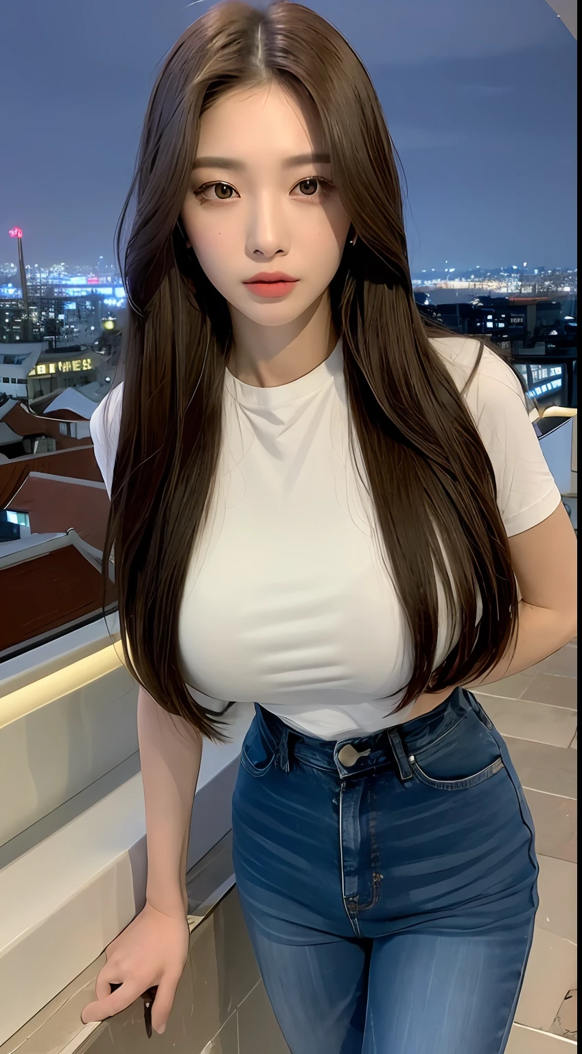 ((Midnight, Best quality, 8k, Masterpiece :1.3)), Whole body, Long legs, Sharp focus :1.2, A pretty woman with perfect figure :1.4, Slender abs :1.1, ((Dark brown hair,Gigantic breasts :1.2)), (White tight tshirt, Jean bib, Standing:1.2), ((Night city view, Rooftop:1.3)), Highly detailed face and skin texture, Detailed eyes, Double eyelid