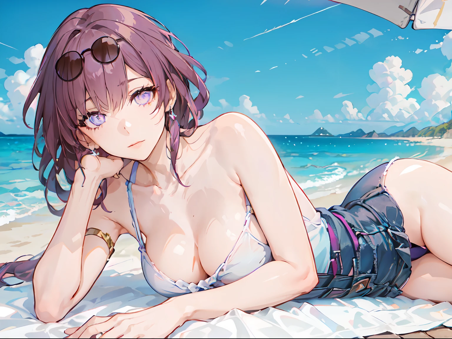 female, (solo:1.2), ((masterpiece)), ((pale skin)), ((detailed eyes)), (bokeh effect), (dynamic angle), dynamic pose, purple hair, purple eyes, ((summer dress)), ((shore)), beach, (casual), vacation, ((off shoulders)), (bare shoulders), ((collarbone))