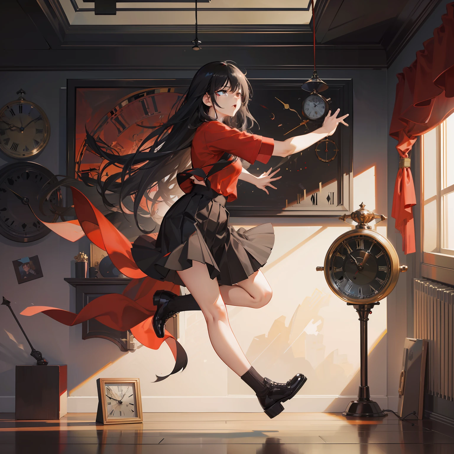 masterpiece、hightquality、vivd colour、(((Long Black Hair)))、(((Red Shirt)))、(((a black skirt)))、(((Stationary clock)))、(((waking up)))