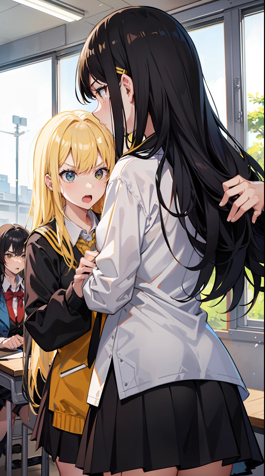 In the classroom,Two 18-year-old angry schoolgirls, One black hair and one yellow hair, The brunette girl is angrily pushing the yellow-haired girl,high qulity,Angry