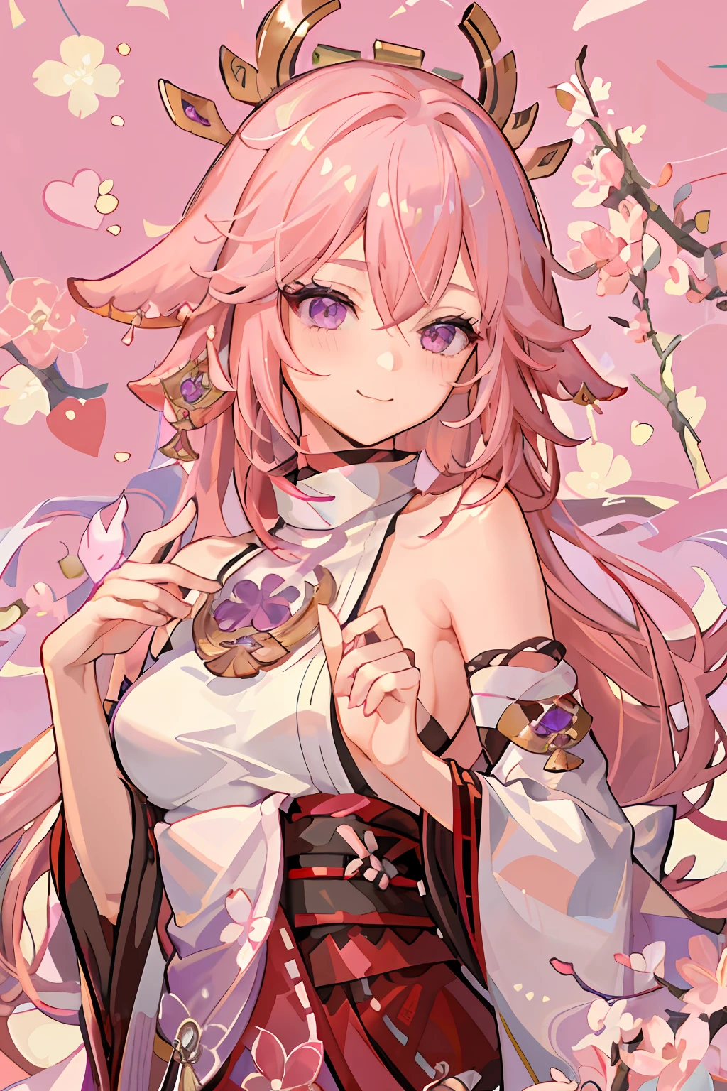 best quality, masterpiece, highres, 1girl,female,solo, mature female,yae miko, 1girl, \n/, animal ears, bare shoulders, blush, breasts, cherry blossoms, closed mouth, detached sleeves, earrings, flower, fox ears, gem, hair between eyes, hair ornament, japanese clothes, jewelry, kimono, long hair, medium breasts, miko, nontraditional miko, pink eyes, pink flower, pink hair, purple gemstone, short kimono, sidelocks, smile, solo, upper body, white kimono, pink hearts and bows, kawaii aesthetic, cute, sweet, pink, surrounded by pink clouds, pink sparkles, sparkly, pink ribbons, abstract pink cute background