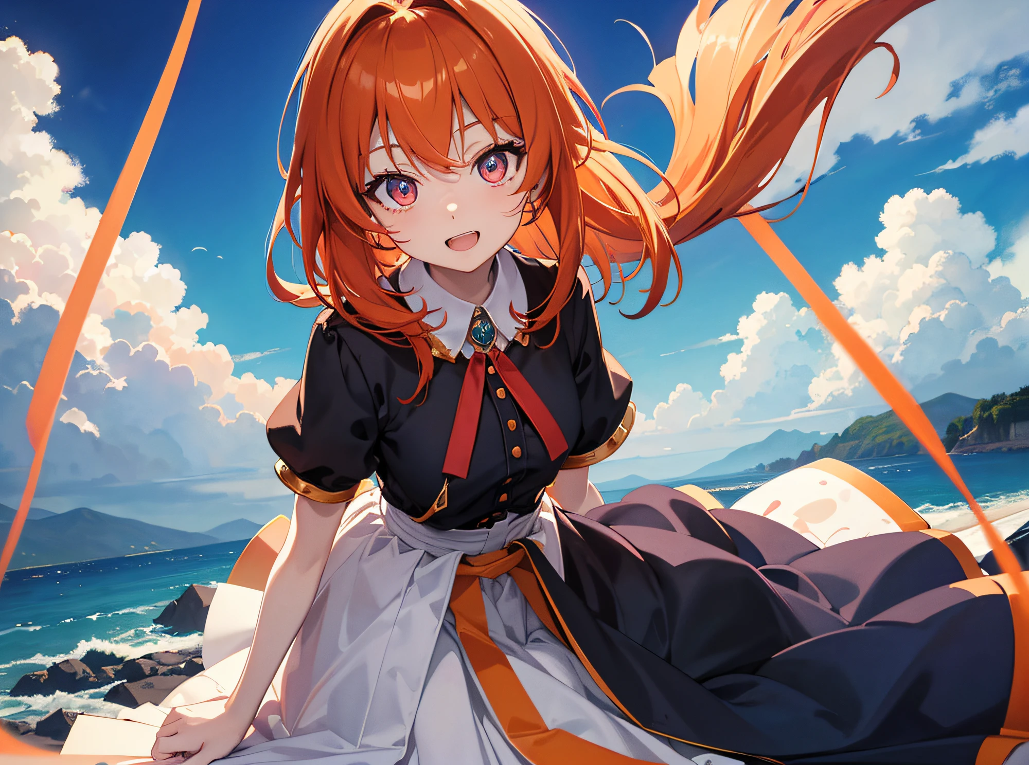 hyper detailed illustration ,superfine illustration, ((((masterpiece)))), High quality, very_high_resolution, Large_filesize, fulcolor ,Very cute and beautiful girl,Very cute and beautiful anime face and eyes, Very delicate eyes,eye shadow,Female, 年轻,20 years old, Medium Hair, Solo, 1 girl, pale skin , Waist to head, multicolored hair(orange colors、Red)、Angle from above、Cute short sleeves、((double tooth)),Toothless smile、 small tits, arms behind back, watercolor paiting、Beautiful background,nigh sky、Fantastic background、nigh sky