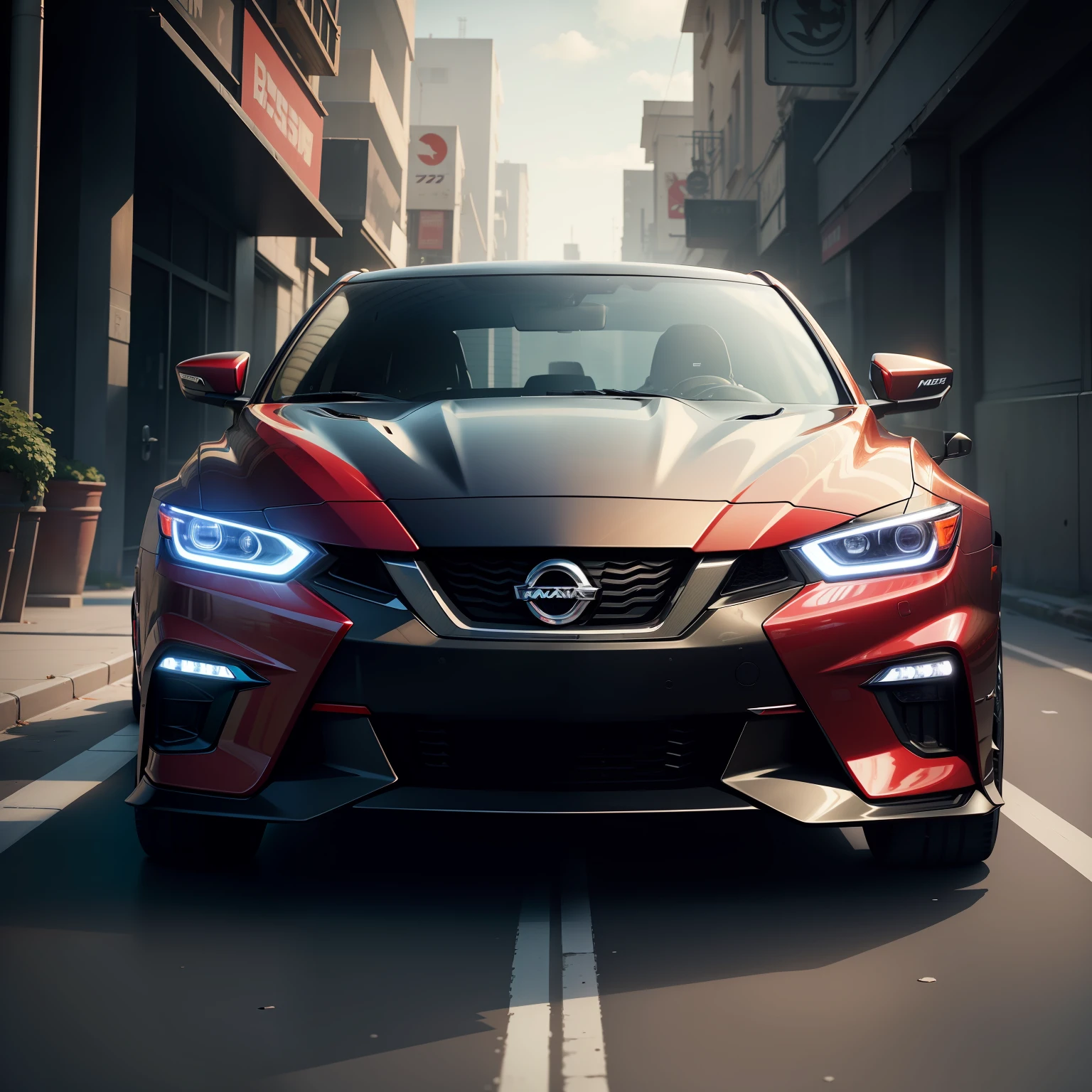 Nissan Maxima 2022 model  as a ninja car, dramatic, in the style of Jamie Mckelvie and Ilya
Kuvshinov, Akihiko Yoshida, Greg Tocchini