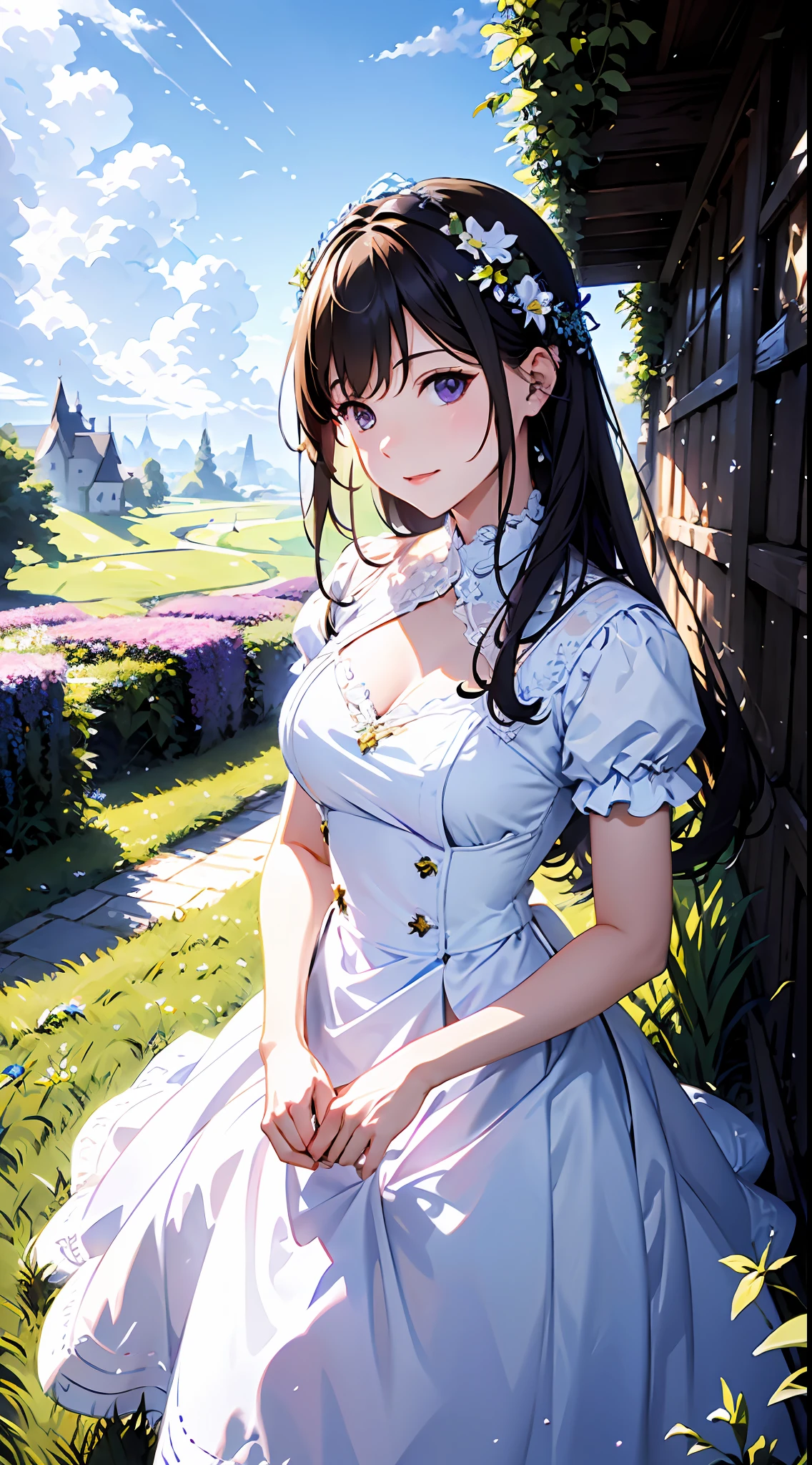 Blue sky and clouds in background, wears a white dress，Purple lace，There are flowers on it, Art germ, Rosla global lighting, a detailed painting, Fantasy art