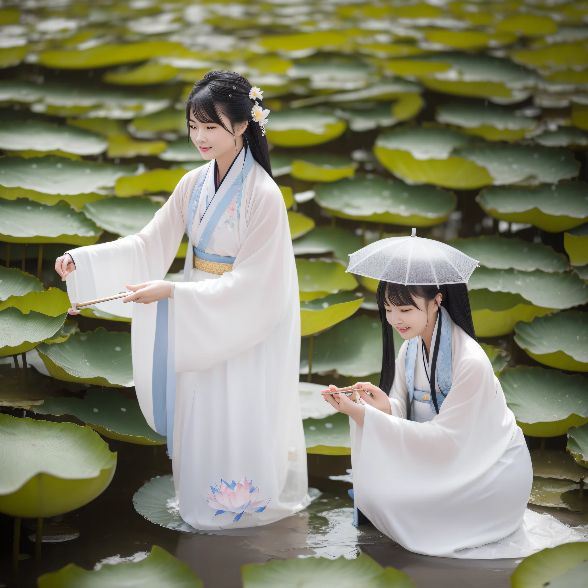 On a rainy day，Hanfu woman standing on the shore picking lotus flowers，Next to her, Another woman held an umbrella for her。