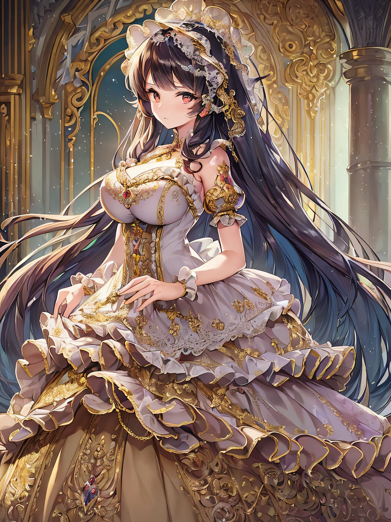 ((anime artstyle)),(Masterpiece),(Best Quality), (Super Detail),((Very Delicate and Beautiful)),((Solo)),((full body)),((1 princess in gorgeousfull rococo dress)),detailed face and eyes,jewel-like eyes,((voluminous Very Long Straight Hair)),((gigantic tits,Long tits)),skindentation,((gorgeousfull embroidery and lace)),gorgeous corsage,See-through,gorgeousfull hair ornament,gorgeousfull glitter jeweled tiara,ornate ruffles,((full body)),((hoop skirt,crinoline)),Dynamic Angle,Looking at viewer,(((gorgeous embroidery gorgeousfull rococo dress)),full body