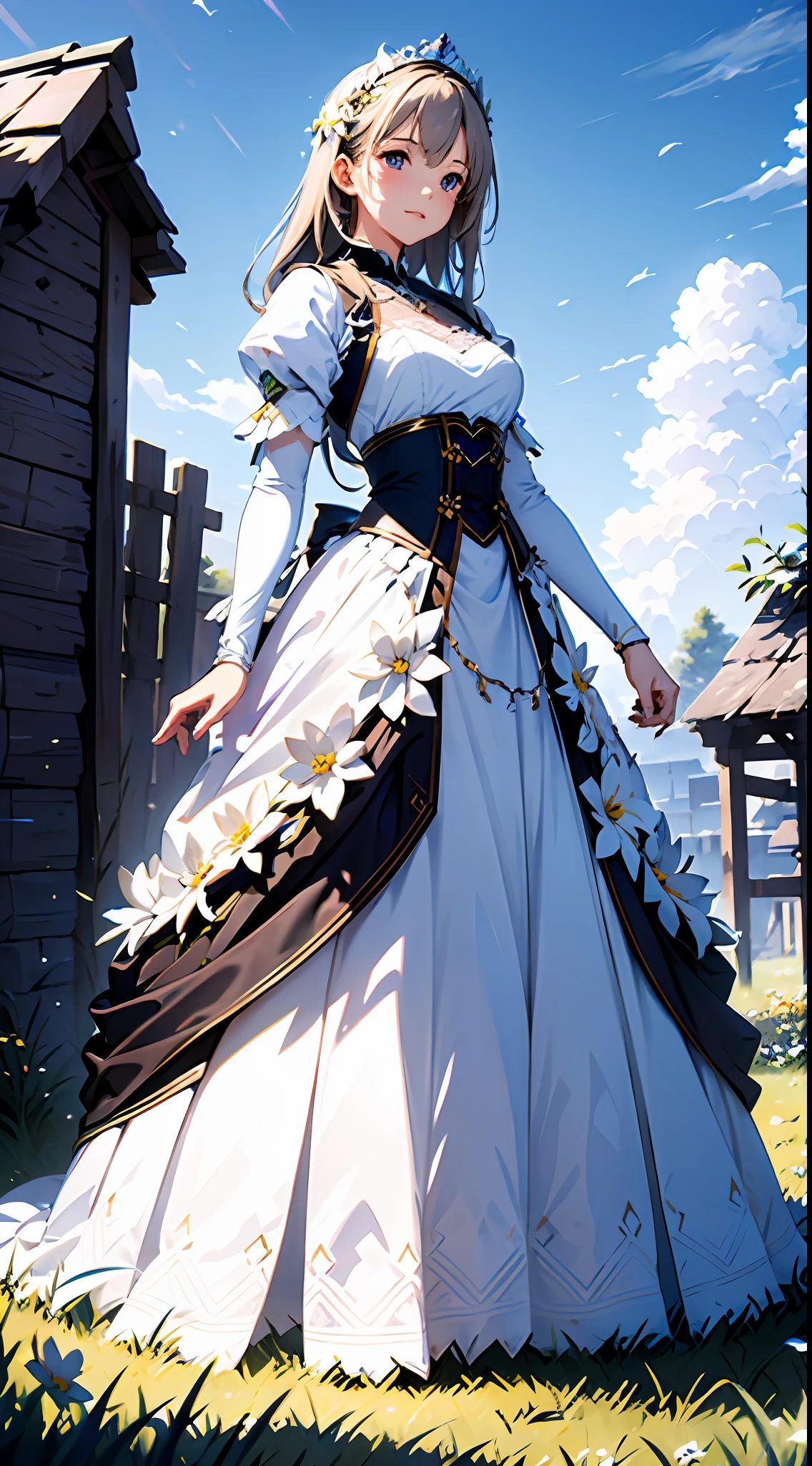 Blue sky and clouds in background, wears a white dress，Purple lace，There are flowers on it, Art germ, Rosla global lighting, a detailed painting, Fantasy art