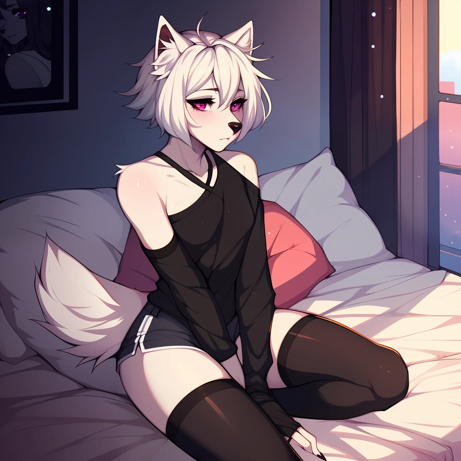 (By hyattlen, by fumiko, by claweddrip:1.3), Cute white anthro furry wolf boy, male, white fur, white fluffy body, black nose, (cute snout:1.1), white fluffy tail, short white hair, detailed magenta eyes, black eyeliner, wearing an oversized white t shirt, pink short shorts, sitting on a bed, looking shy, looking coy, wearing thigh high leggings, toeless leggings, femboy, twink, highly detailed, masterpiece